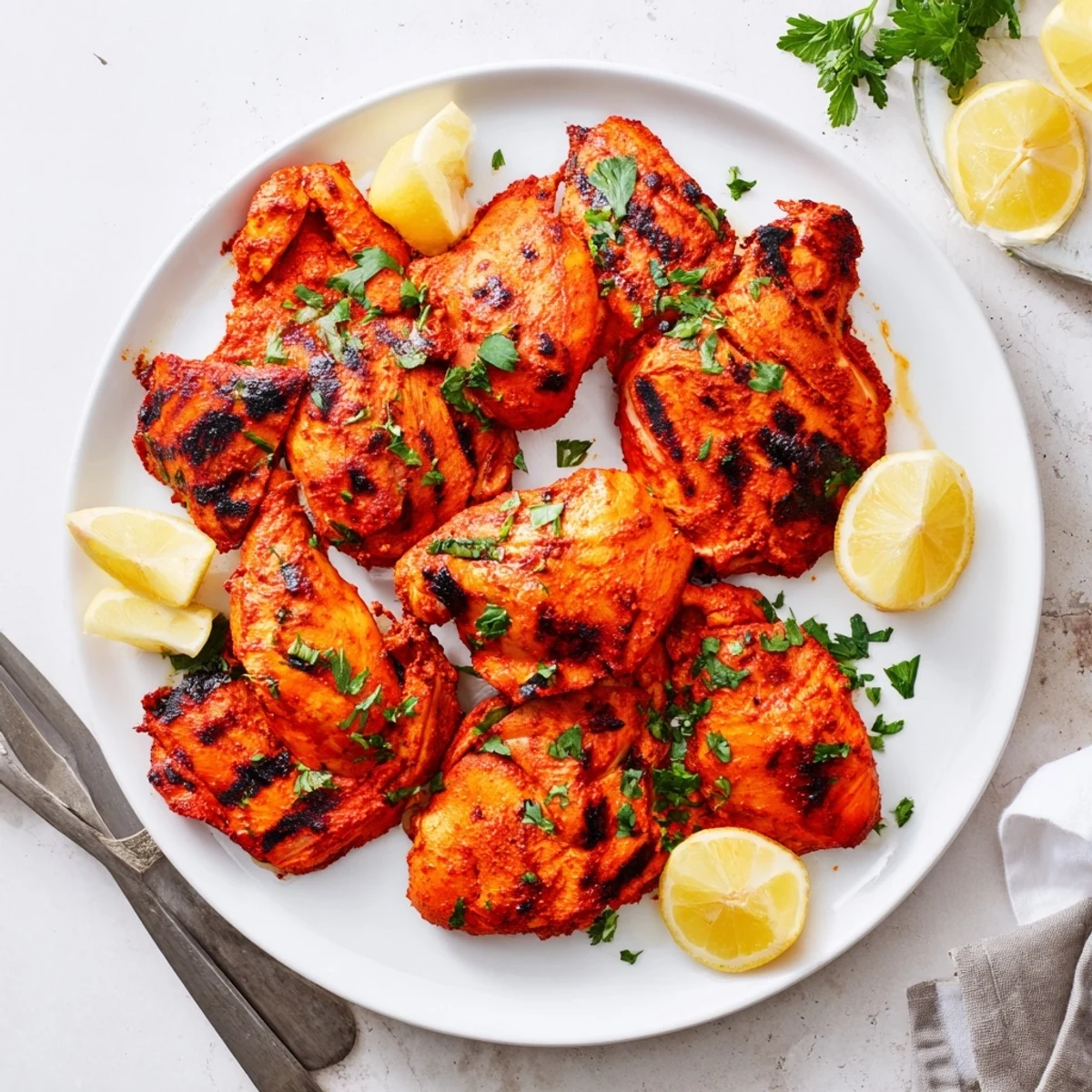 Perfectly cooked Peri Peri chicken Portuguese style featuring spicy red pepper sauce and beautiful grill marks