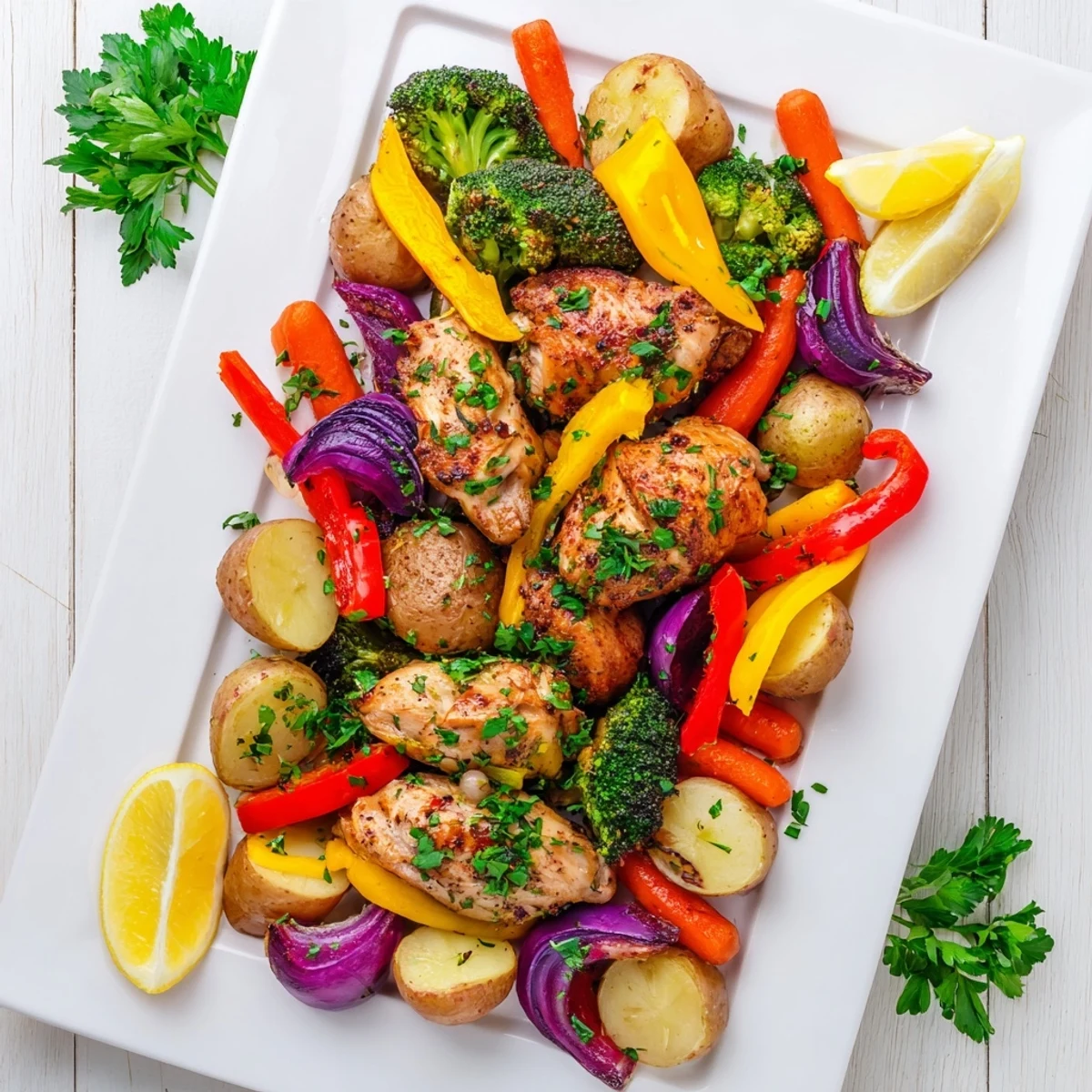 Golden roasted sheet pan lemon herb chicken surrounded by colorful tender vegetables