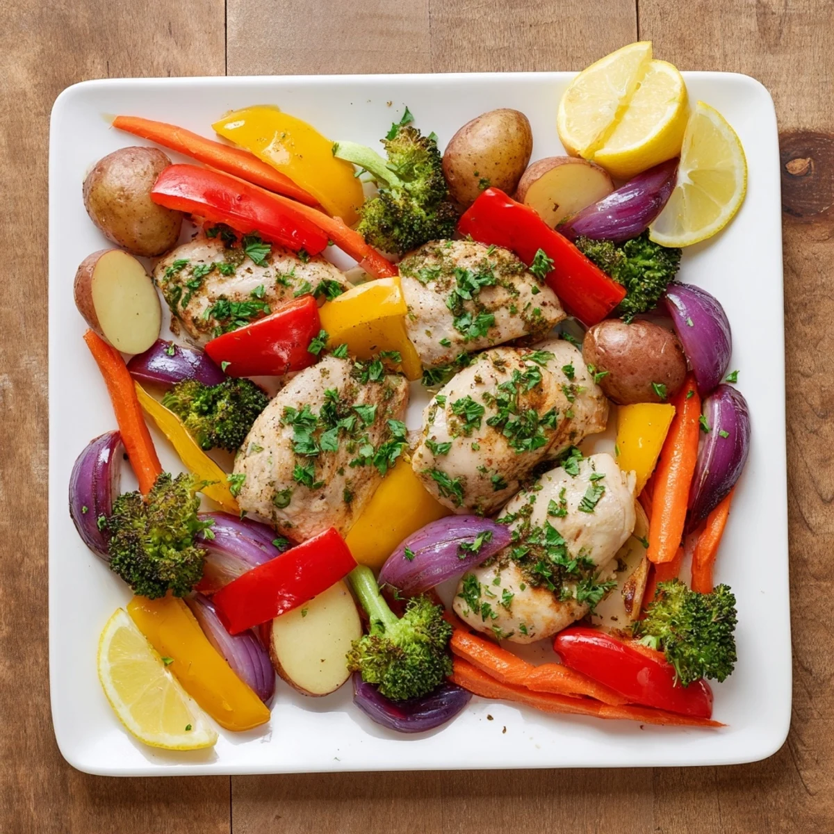 Juicy lemon herb roasted chicken breasts with bell peppers and broccoli on sheet pan