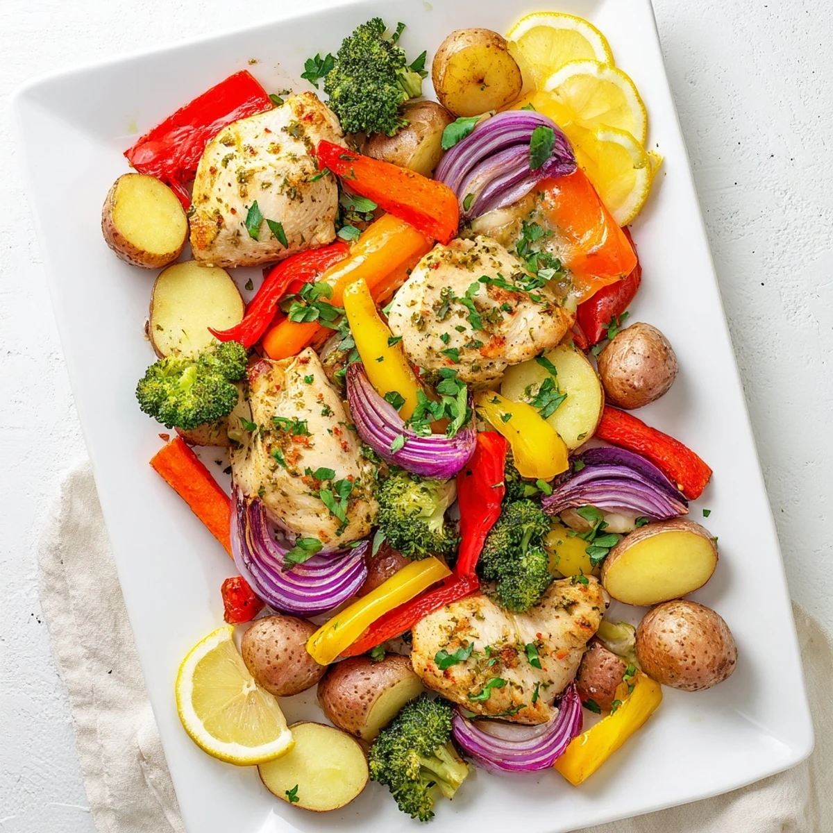 Easy one pan lemon herb chicken dinner with roasted potatoes and seasonal vegetables