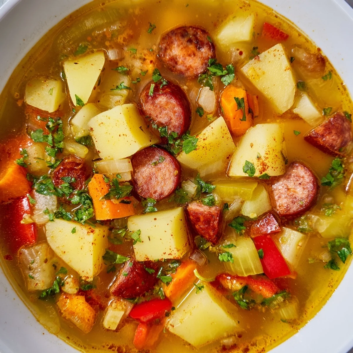 Steaming bowl of Spanish potato soup with chorizo topped with crispy sausage slices and fresh parsley