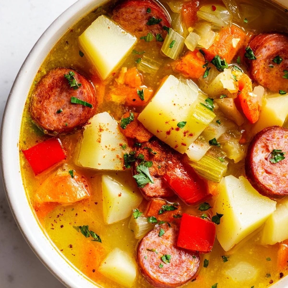 Hearty Spanish potato soup with chorizo featuring tender potatoes, colorful vegetables, and smoky paprika in a rich broth