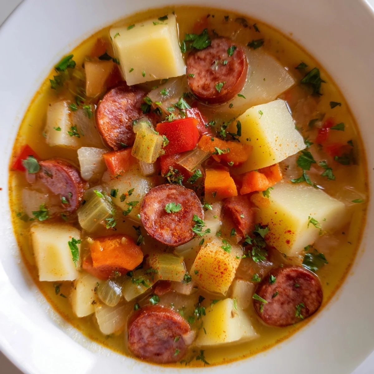Creamy Spanish potato soup with chorizo garnished with golden sausage rounds and green parsley, ready to serve with crusty bread