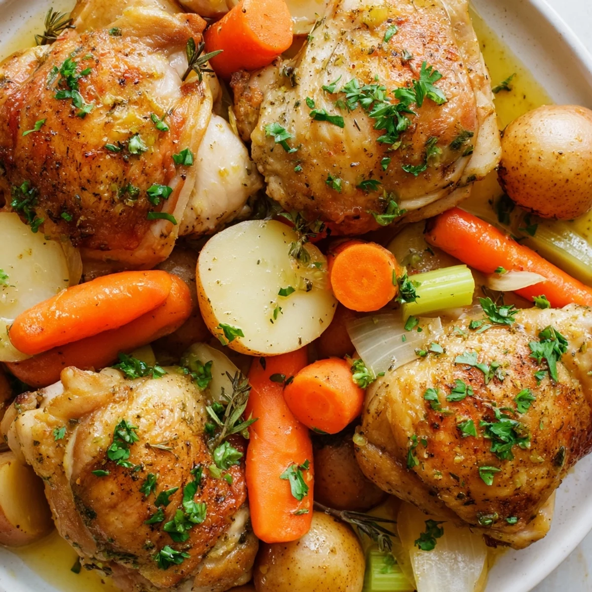 Golden brown slow cooker chicken thighs nestled beside tender vegetables in a rich savory broth