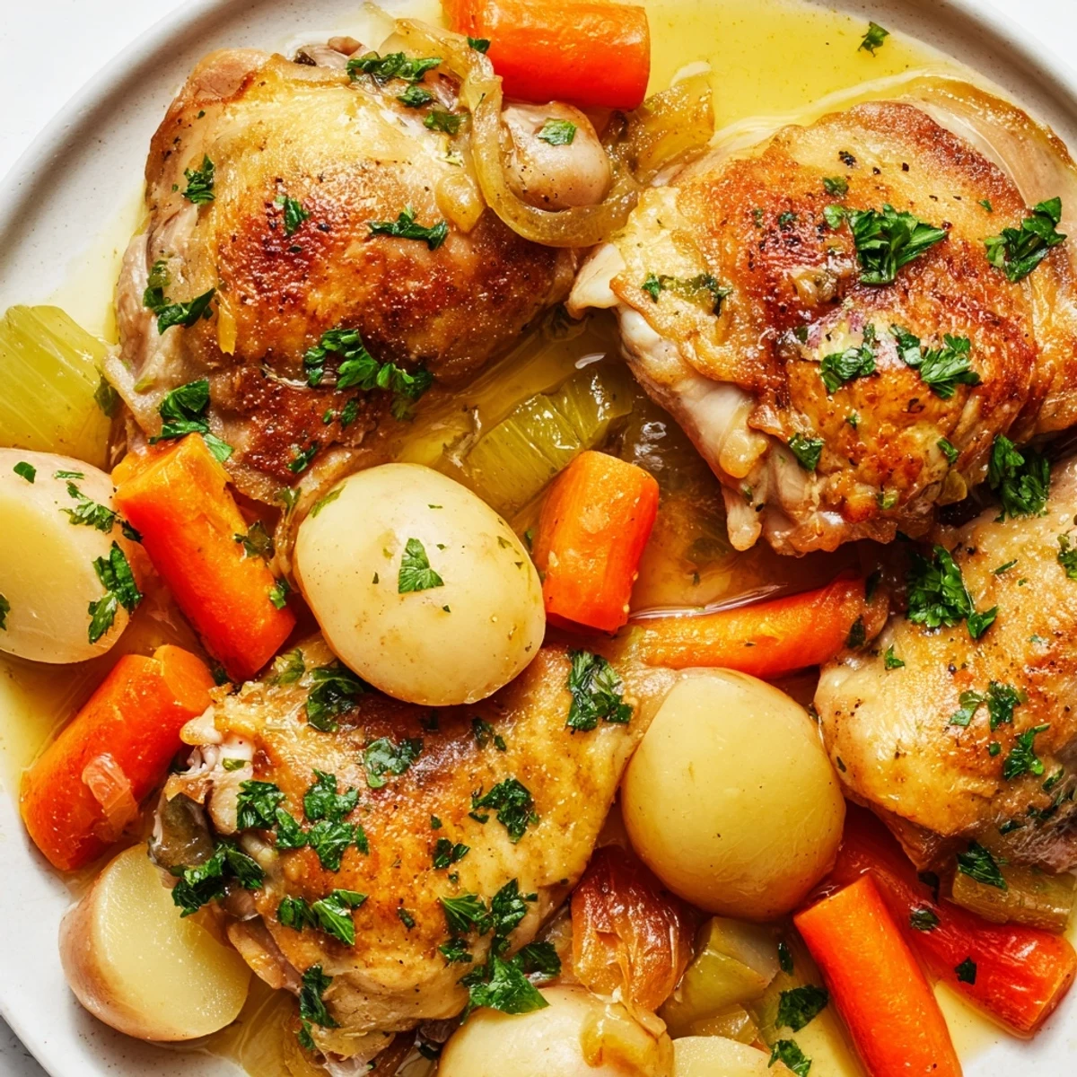 Wholesome savory slow cooker chicken with baby potatoes and carrots garnished with fresh green parsley