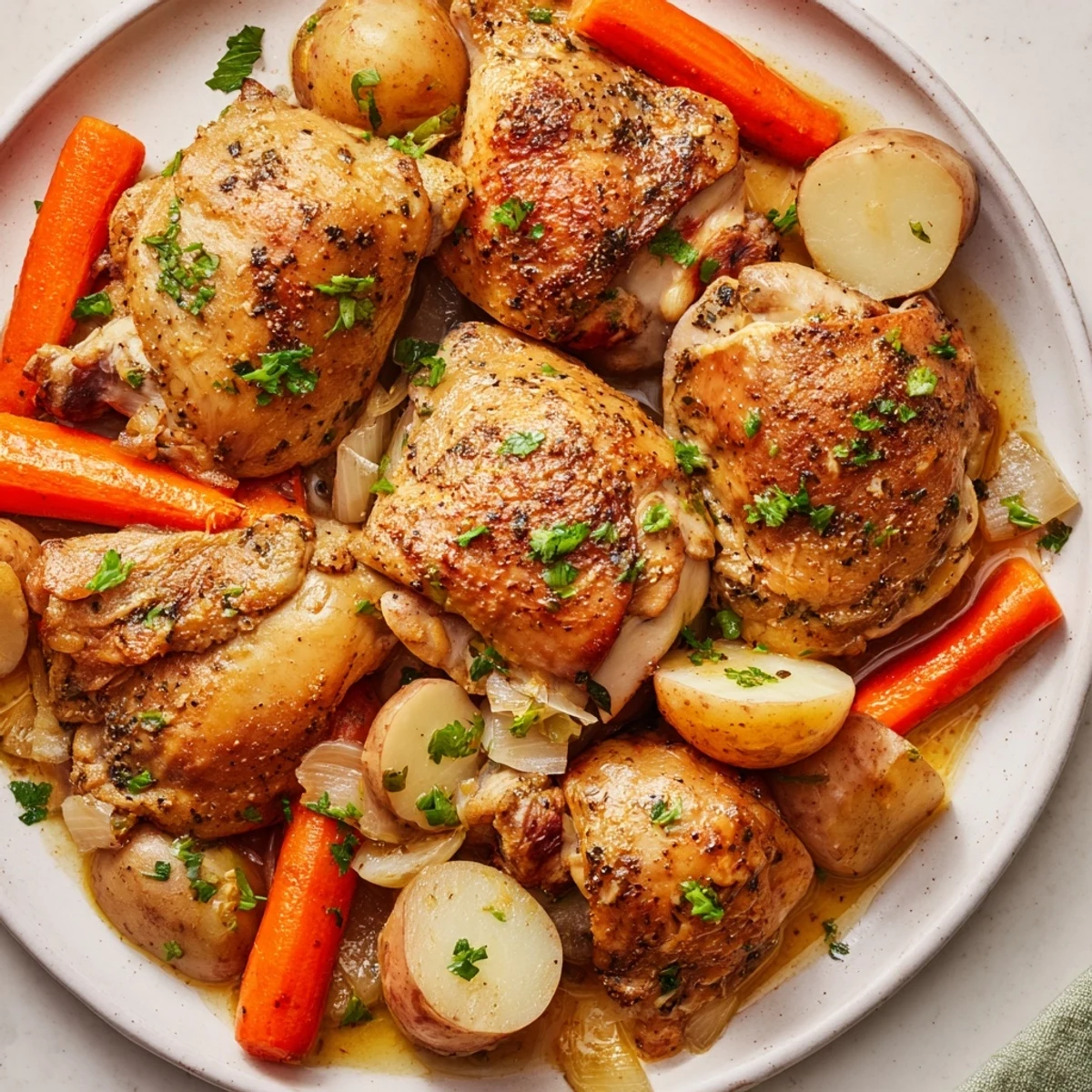 Tender juicy slow cooker chicken served with aromatic vegetables in a flavorful herb-infused sauce