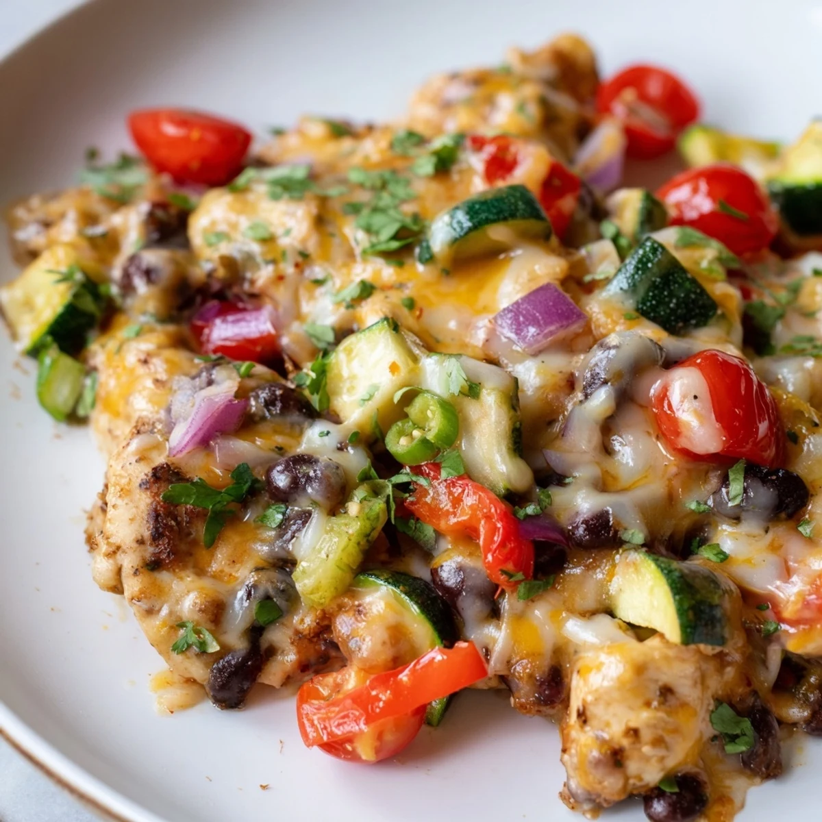 Golden cheesy Tex Mex chicken and zucchini skillet with colorful bell peppers and black beans