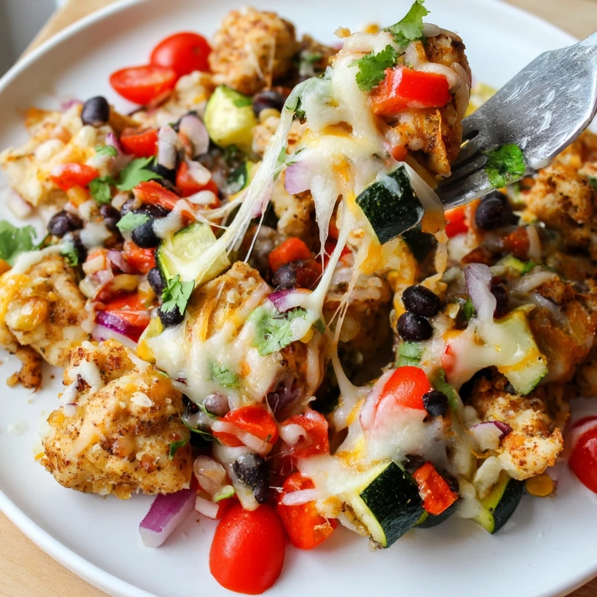 Vibrant Tex Mex chicken and zucchini dinner with juicy tomatoes, beans, and melted cheese blend