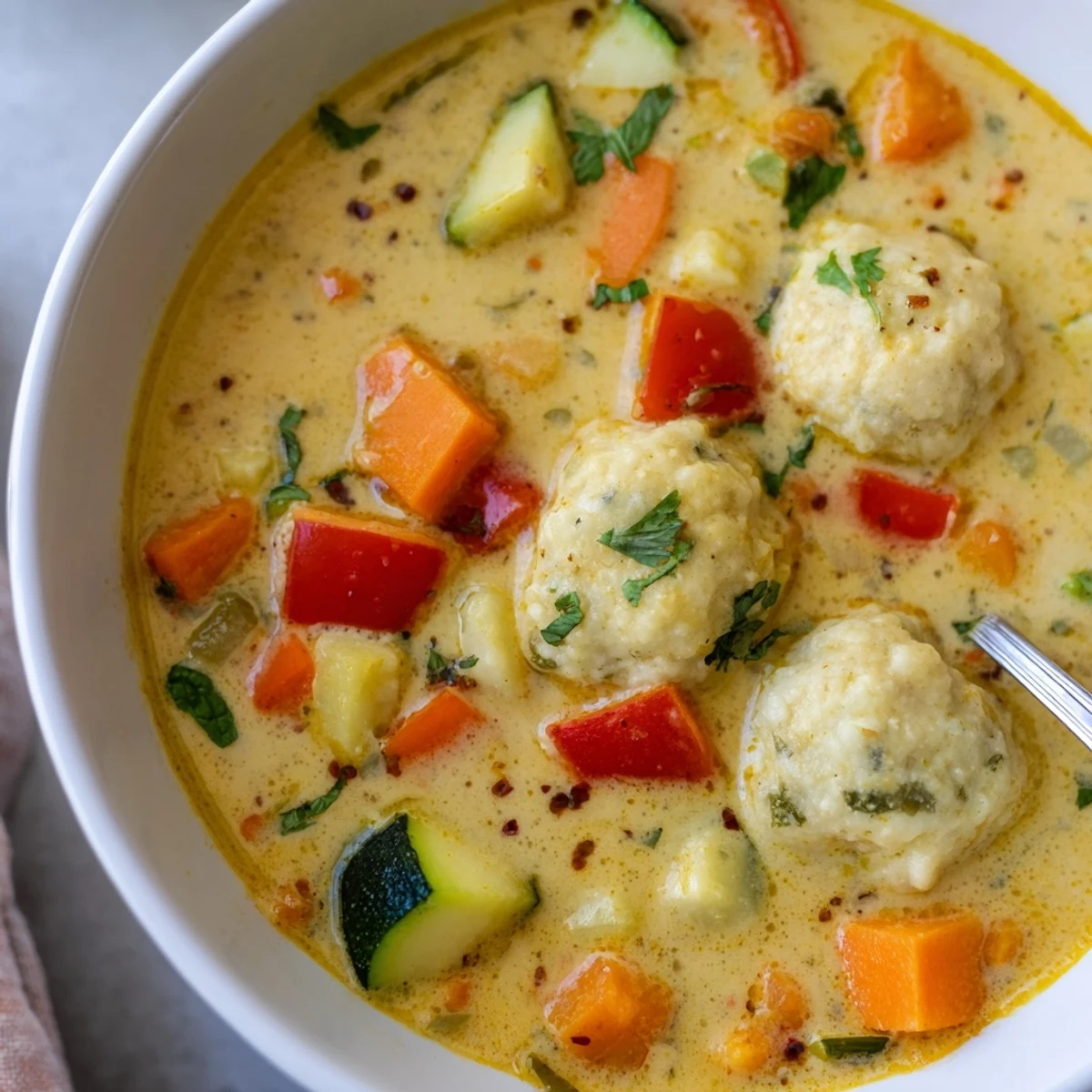 Golden coconut curry soup steams in bowls topped with fluffy dumplings and colorful vegetables