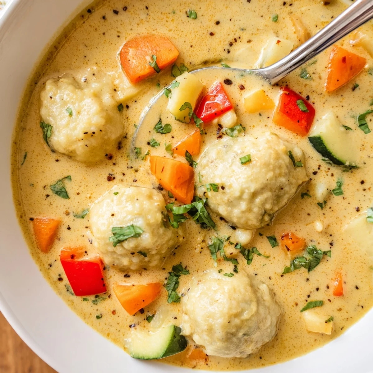 Creamy coconut curry soup features tender dumplings floating in rich golden spiced broth