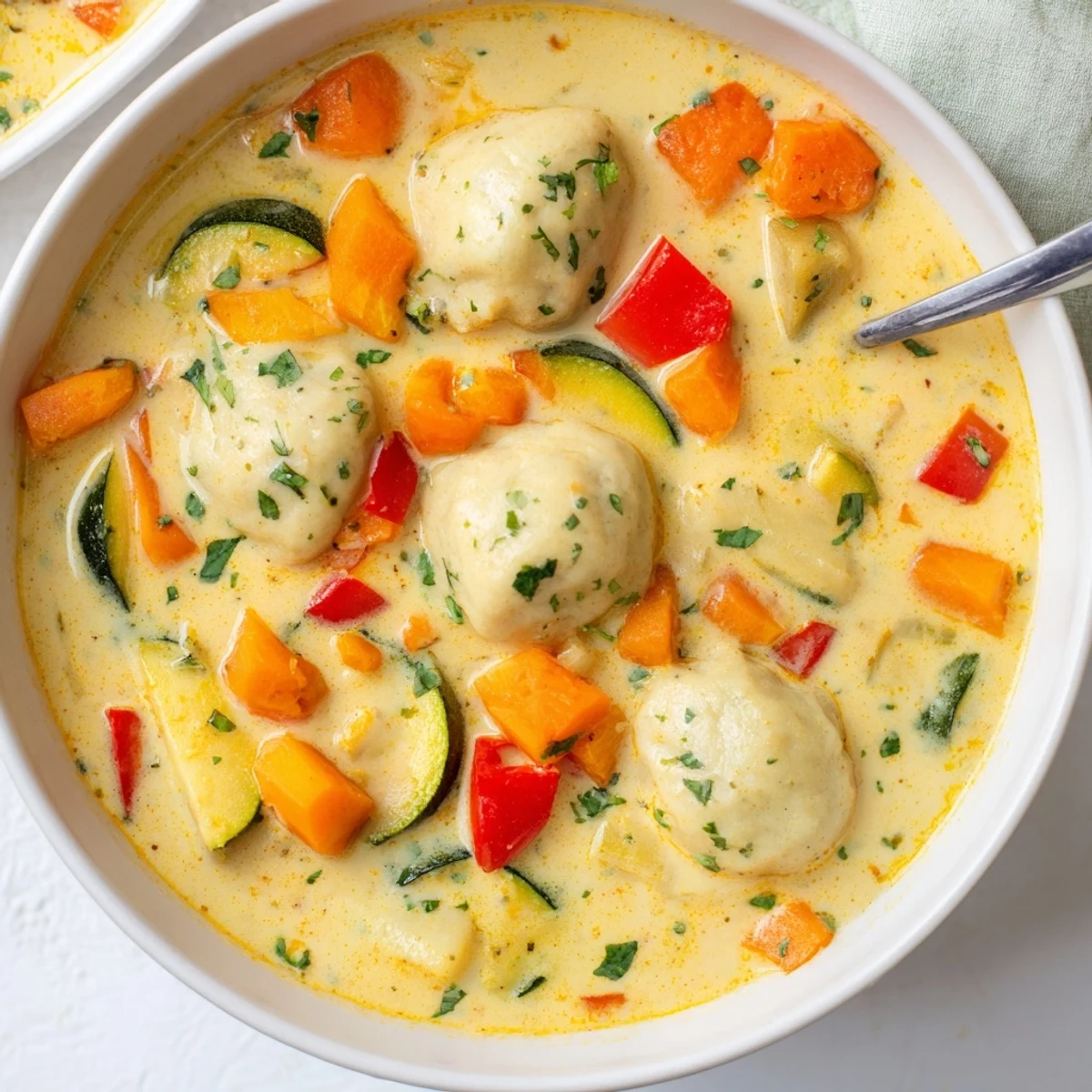 Comforting coconut curry soup with pillowy dumplings garnished with fresh cilantro and lime