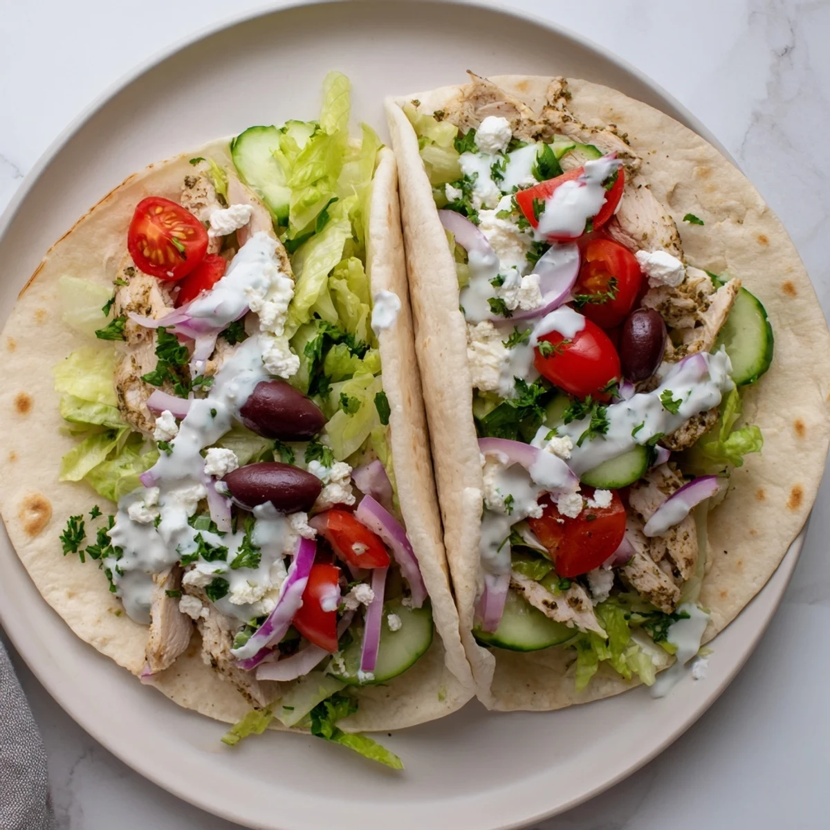 Fresh Mediterranean chicken tacos layered with feta cheese olives cucumber and zesty herb yogurt sauce