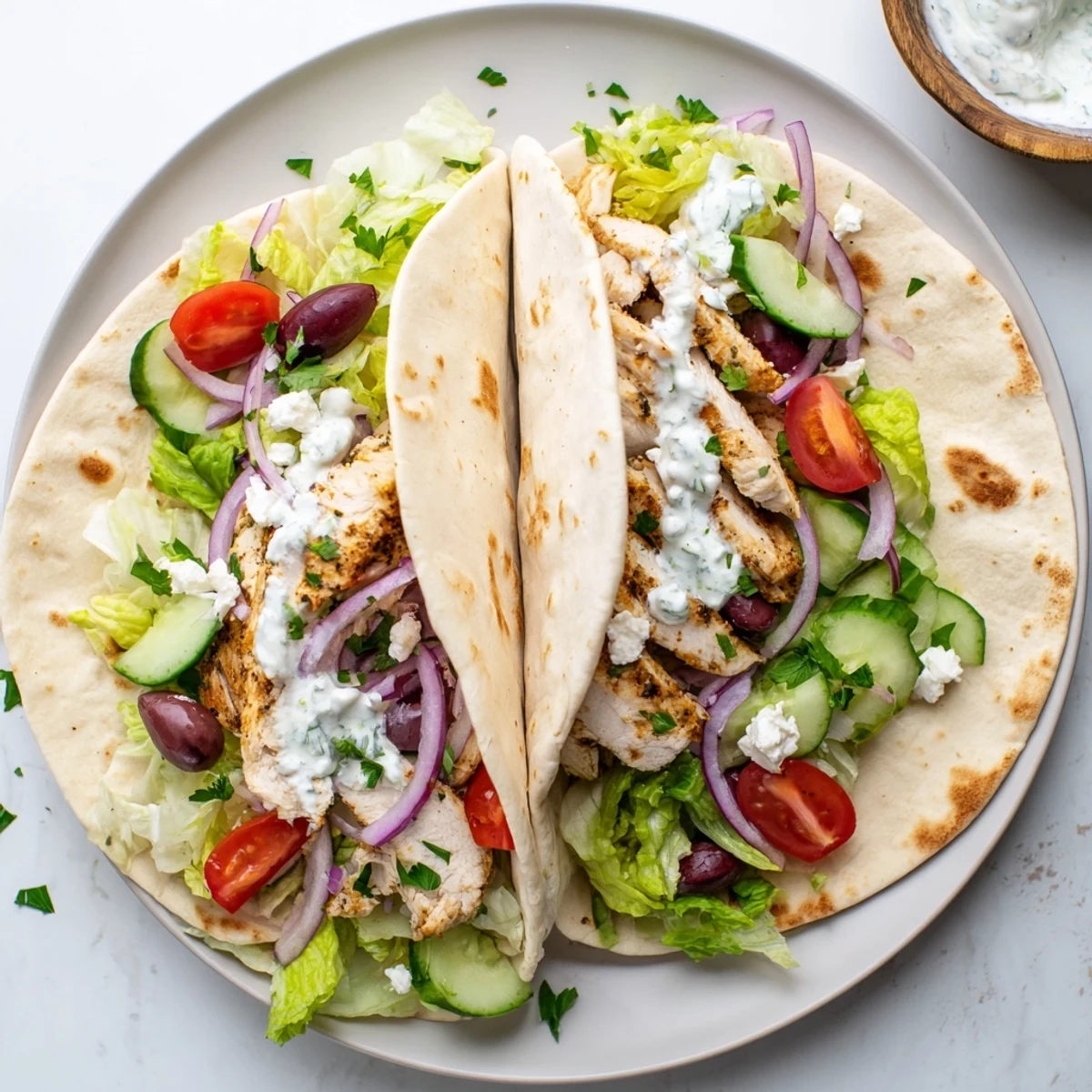 Golden grilled chicken Mediterranean tacos topped with crisp vegetables and creamy yogurt sauce in soft flour tortillas