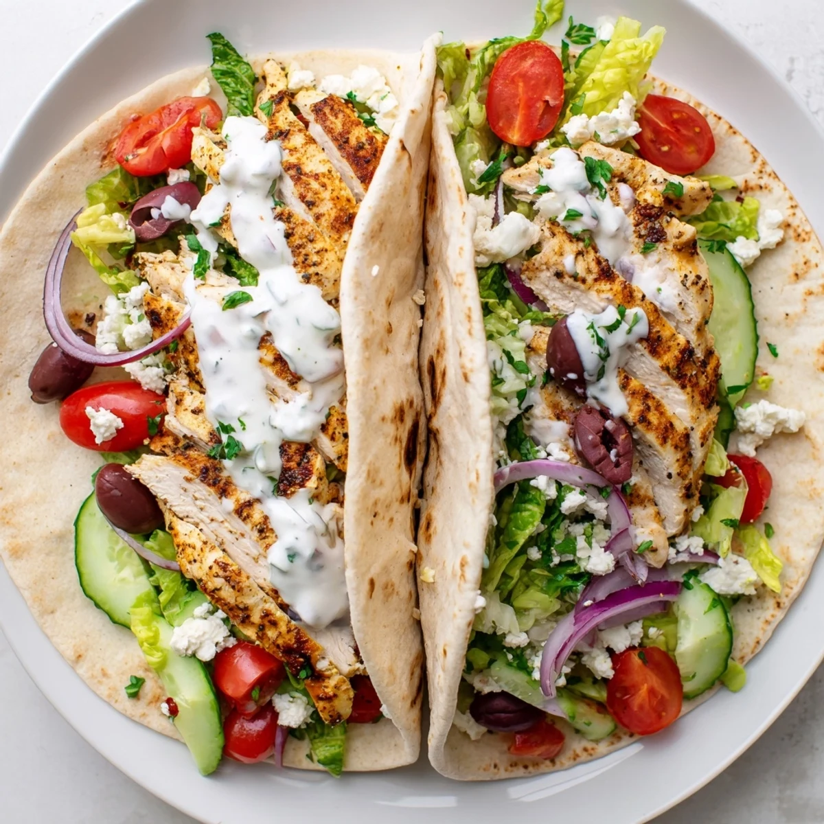 Colorful plate of Mediterranean chicken tacos featuring spiced grilled meat lettuce tomatoes and tangy feta topping