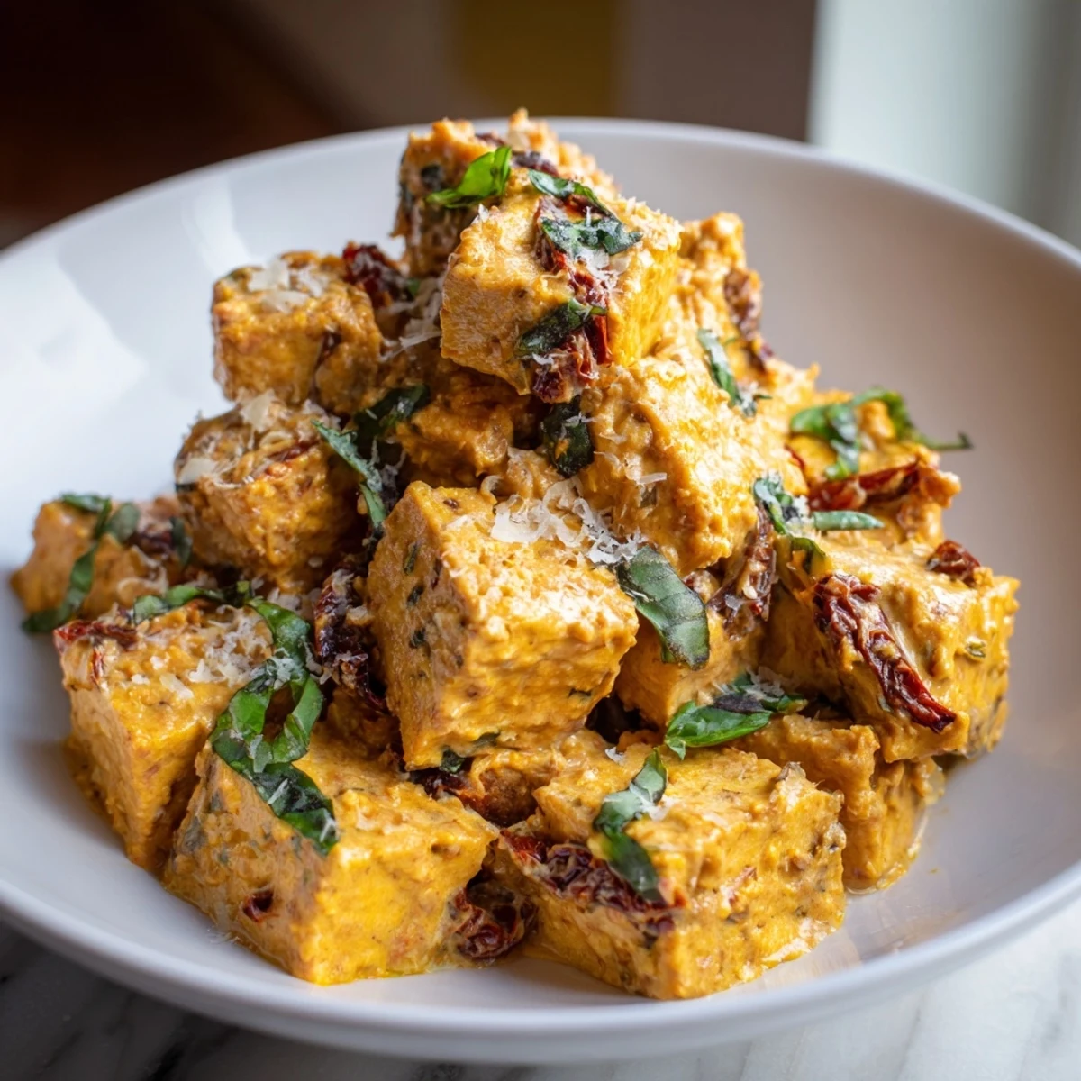 Vegan Marry Me Tofu served in a white bowl showcasing creamy tomato sauce and golden plant-based protein