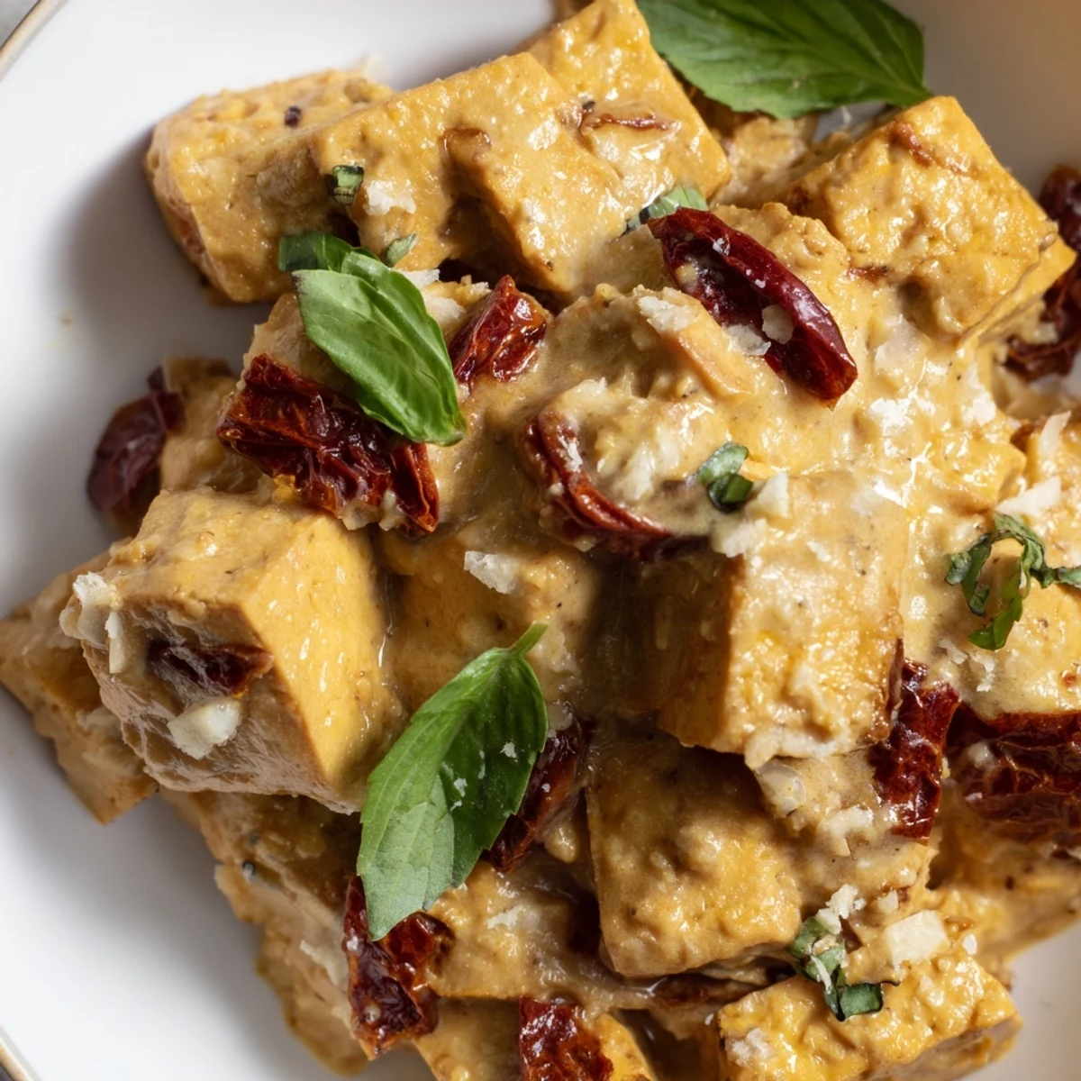 Creamy garlic and sun-dried tomato sauce coats crispy tofu pieces topped with fresh basil and grated parmesan