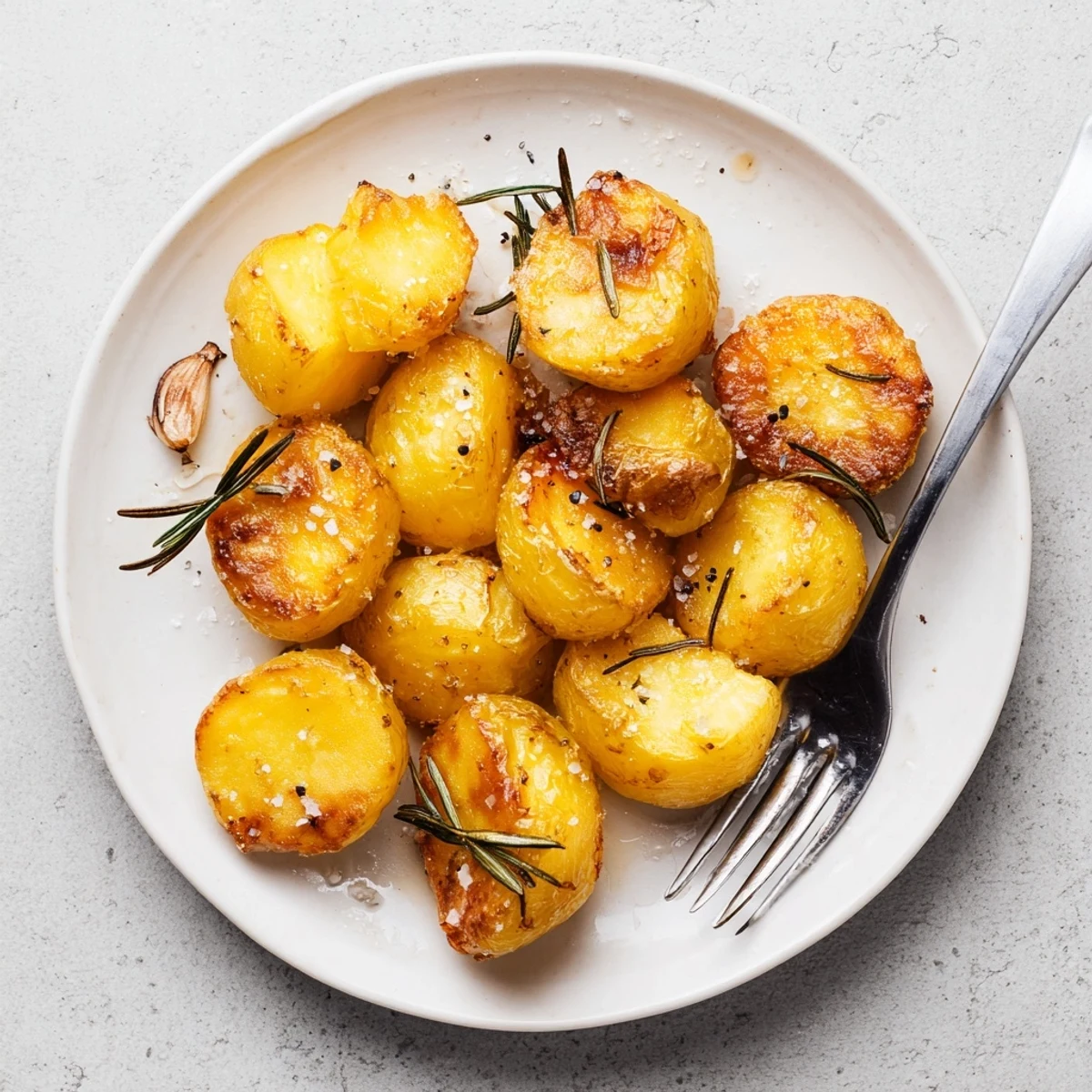 Roasted potato chunks in a single layer turning golden brown with herbs and garlic