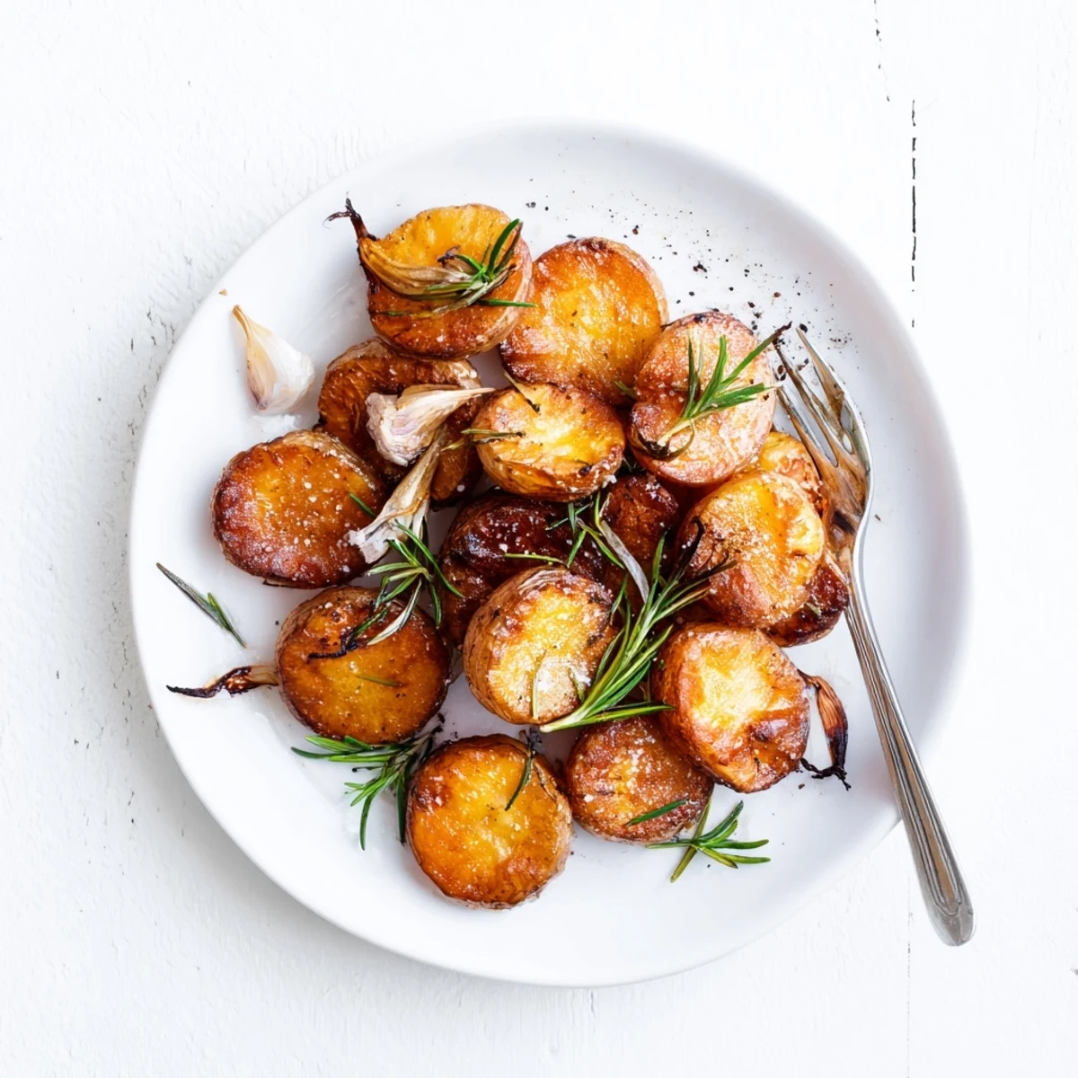 Crispy homemade roast potatoes scattered with sea salt flakes on a rustic roasting tray