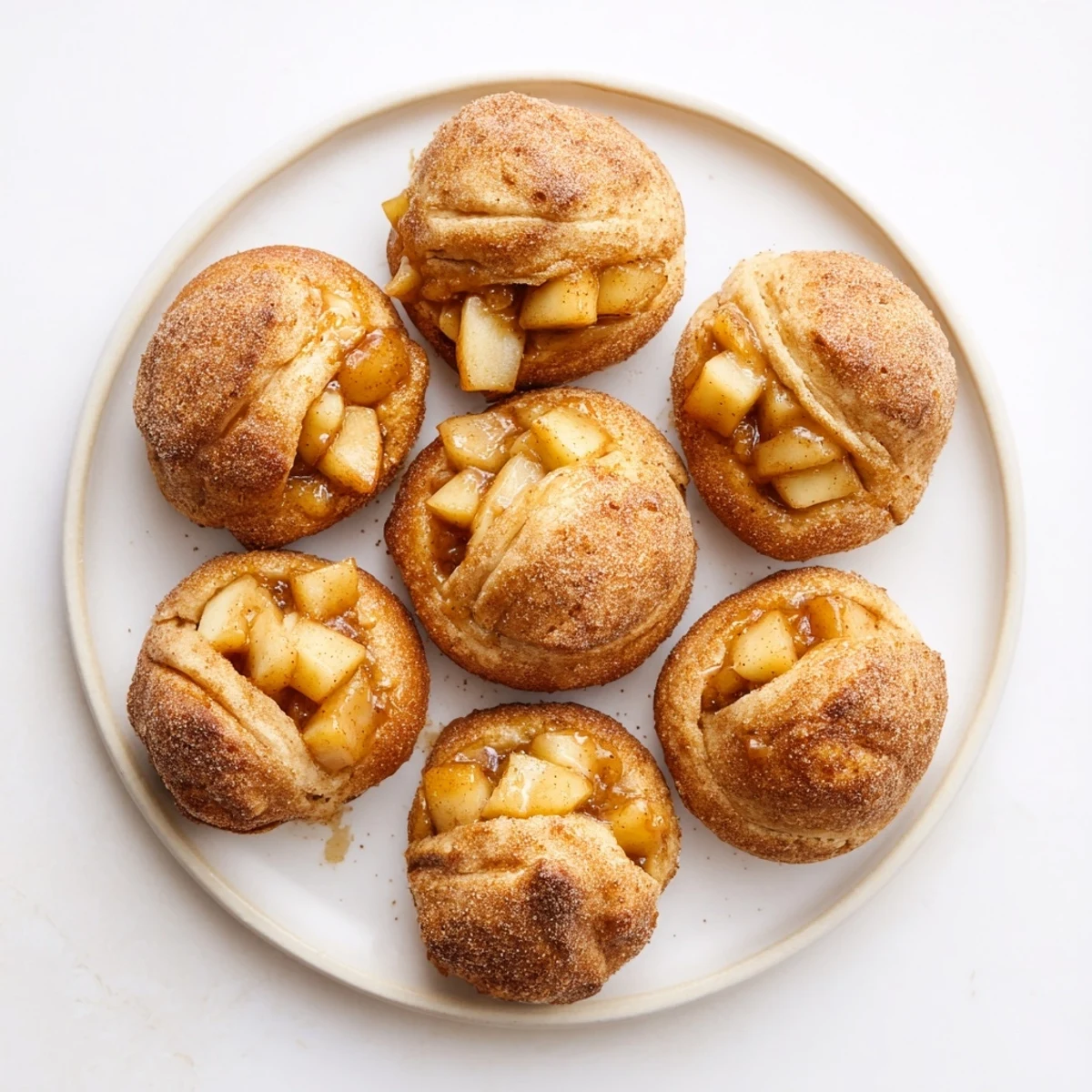 Flaky biscuit dough balls stuffed with cinnamon apples and caramel, baked until golden brown