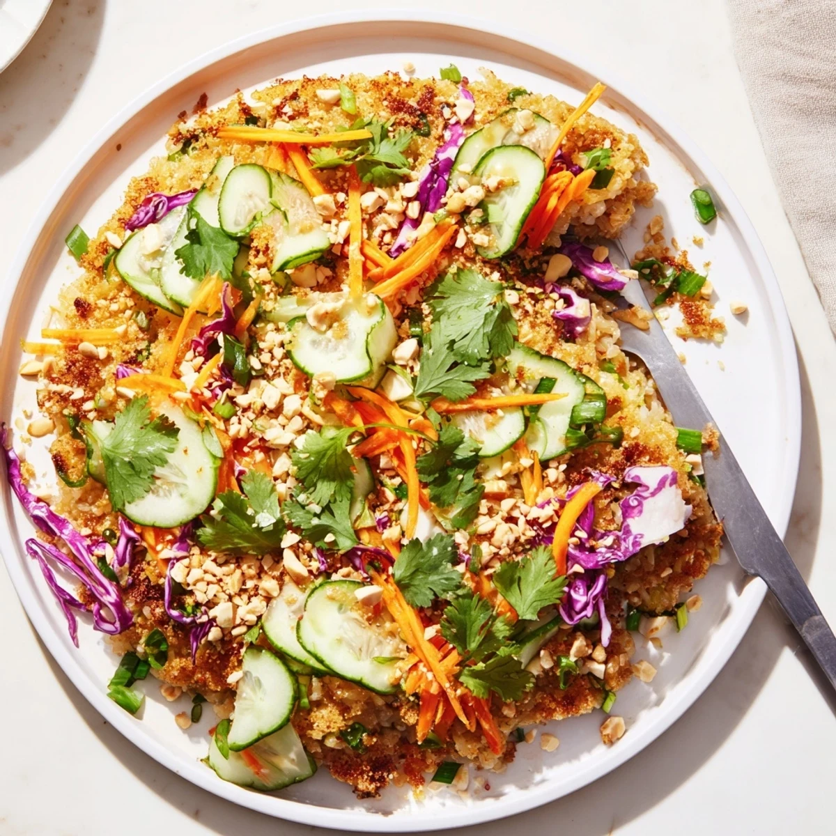 Golden crispy rice salad topped with colorful vegetables and drizzled with creamy peanut sesame dressing