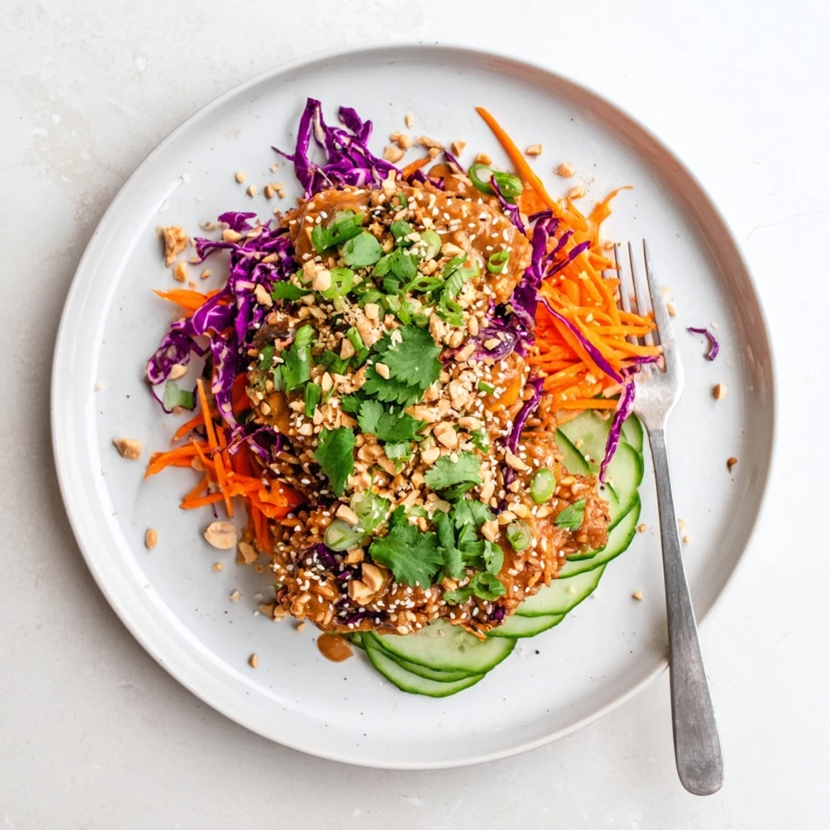 Asian-inspired crispy rice salad featuring crunchy fried rice, crisp veggies, and savory peanut sesame sauce