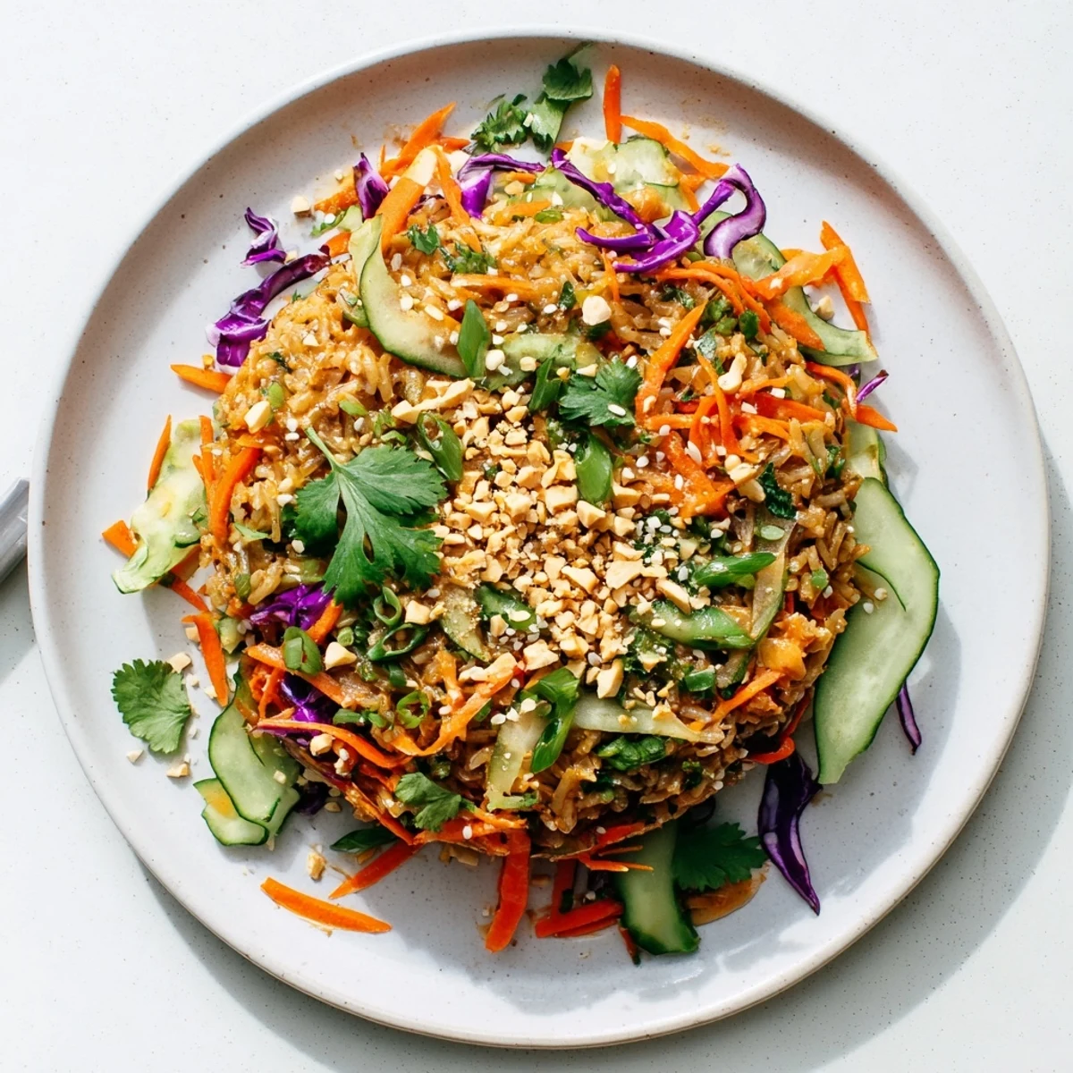 Vibrant bowl of crispy rice salad with fresh cabbage, carrots, and rich peanut sesame dressing