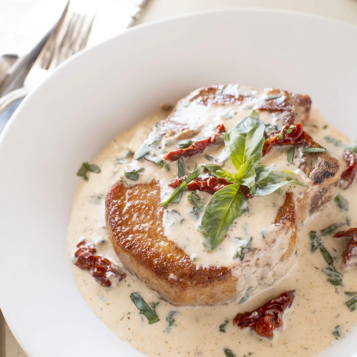 Succulent Marry Me Pork chops swimming in creamy garlic sauce with fresh basil garnish