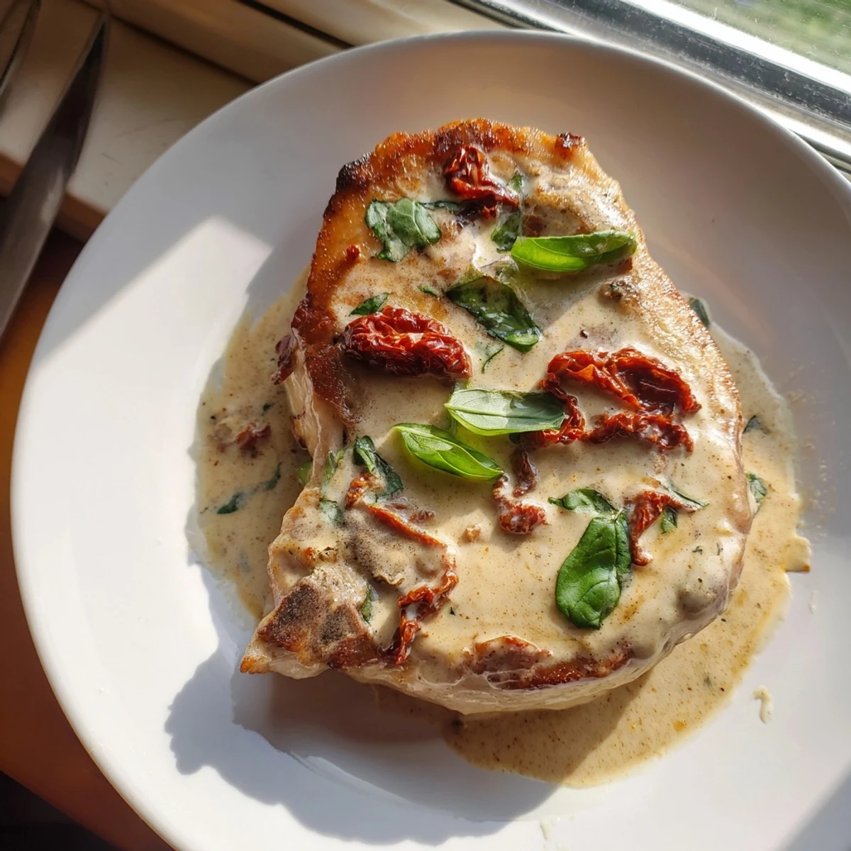 Tender pork chops served in luscious white sauce with sun-dried tomatoes and parmesan