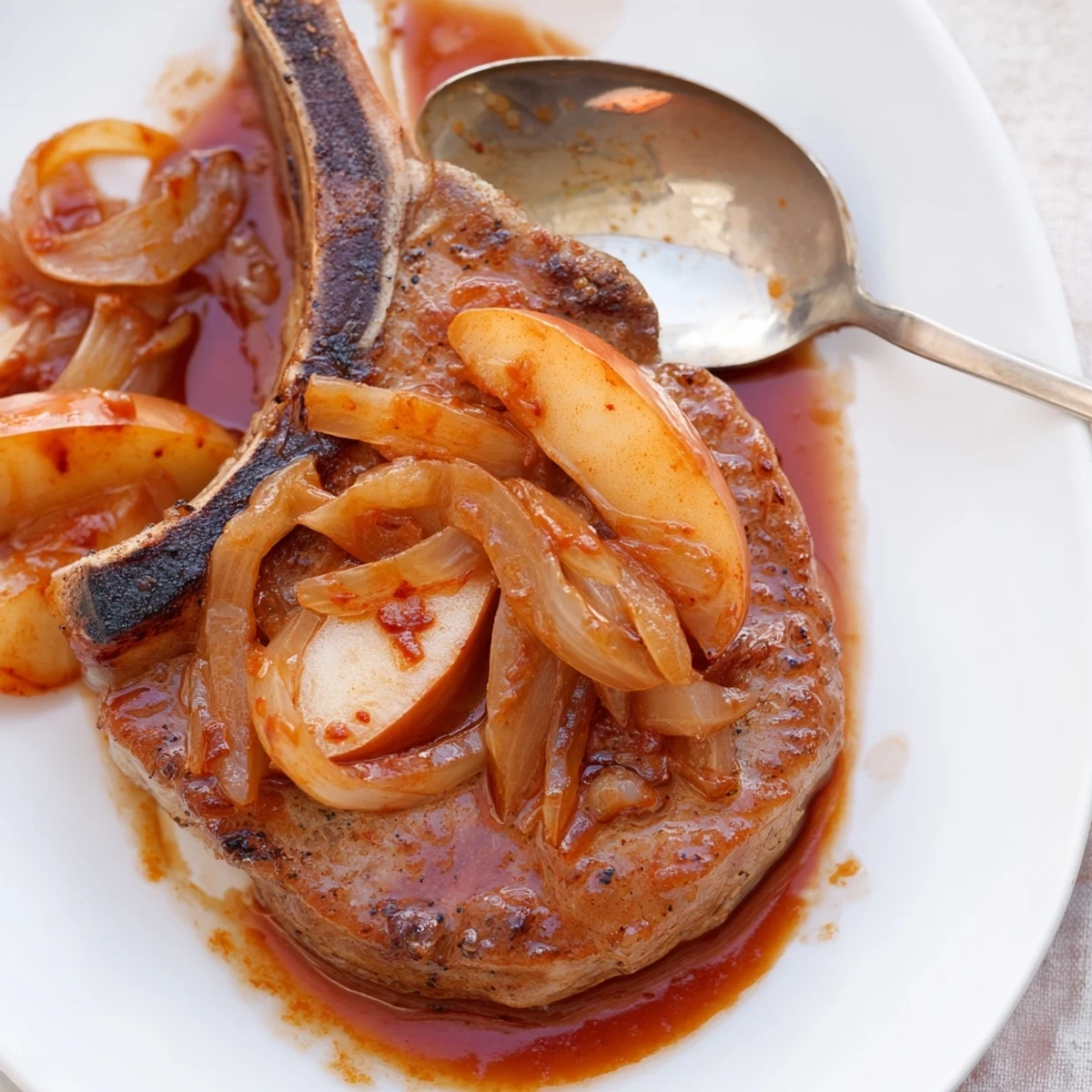 Savory seared pork chops coated in sweet cinnamon apple glaze served with roasted apple wedges