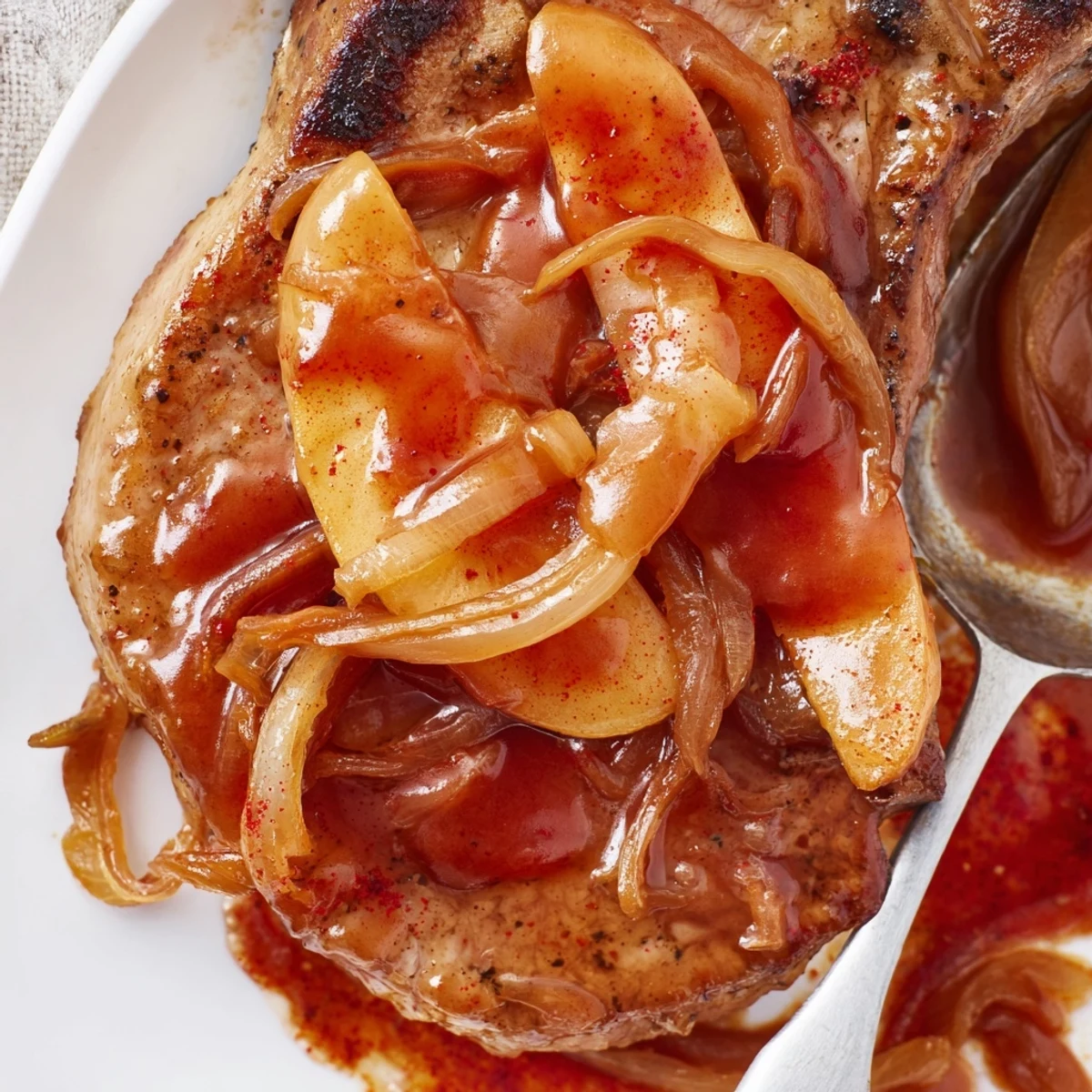 Juicy tender apple butter pork chops resting on a white plate topped with spiced fruit compote