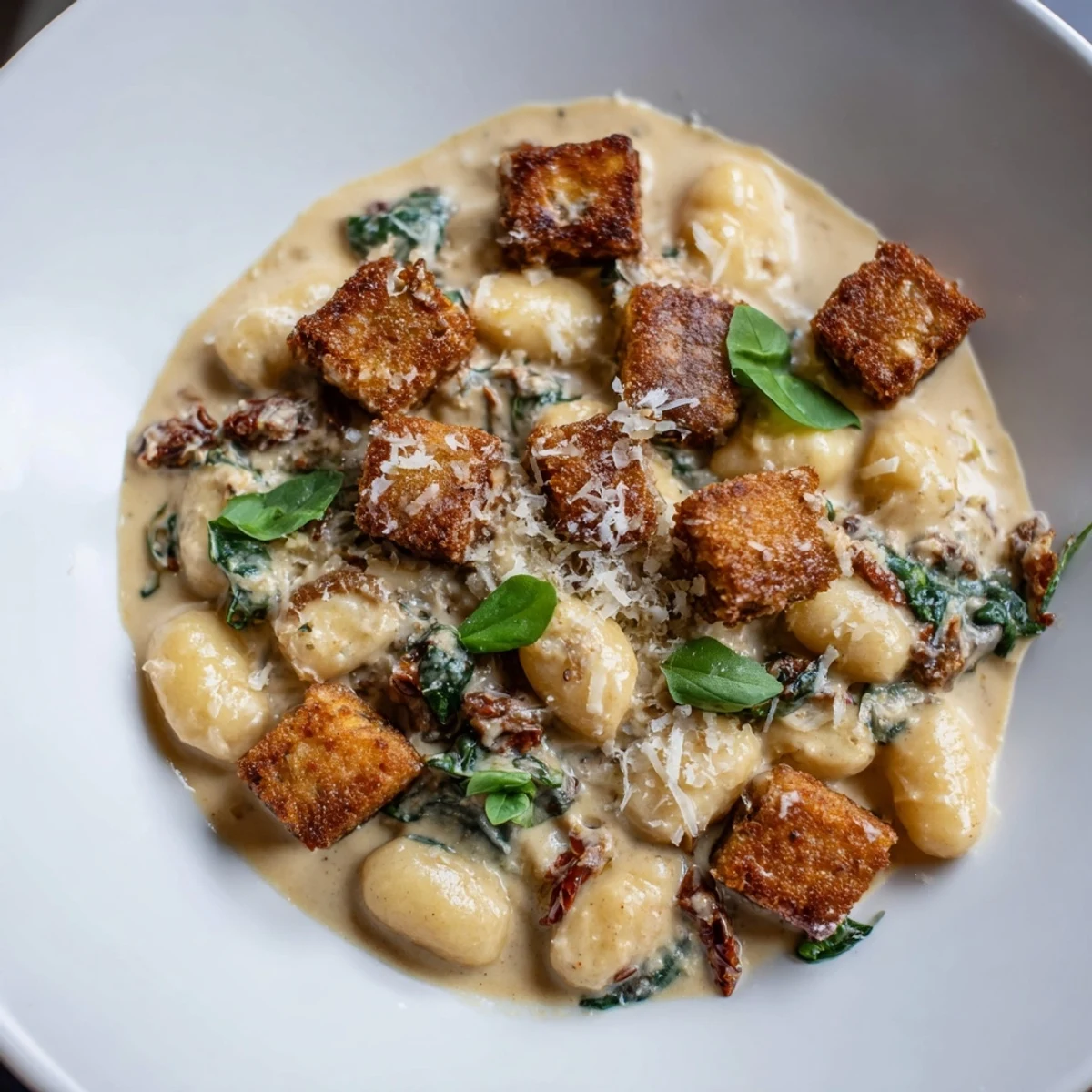 Golden crispy tofu cubes and pillowy potato gnocchi swimming in a rich creamy sun-dried tomato sauce