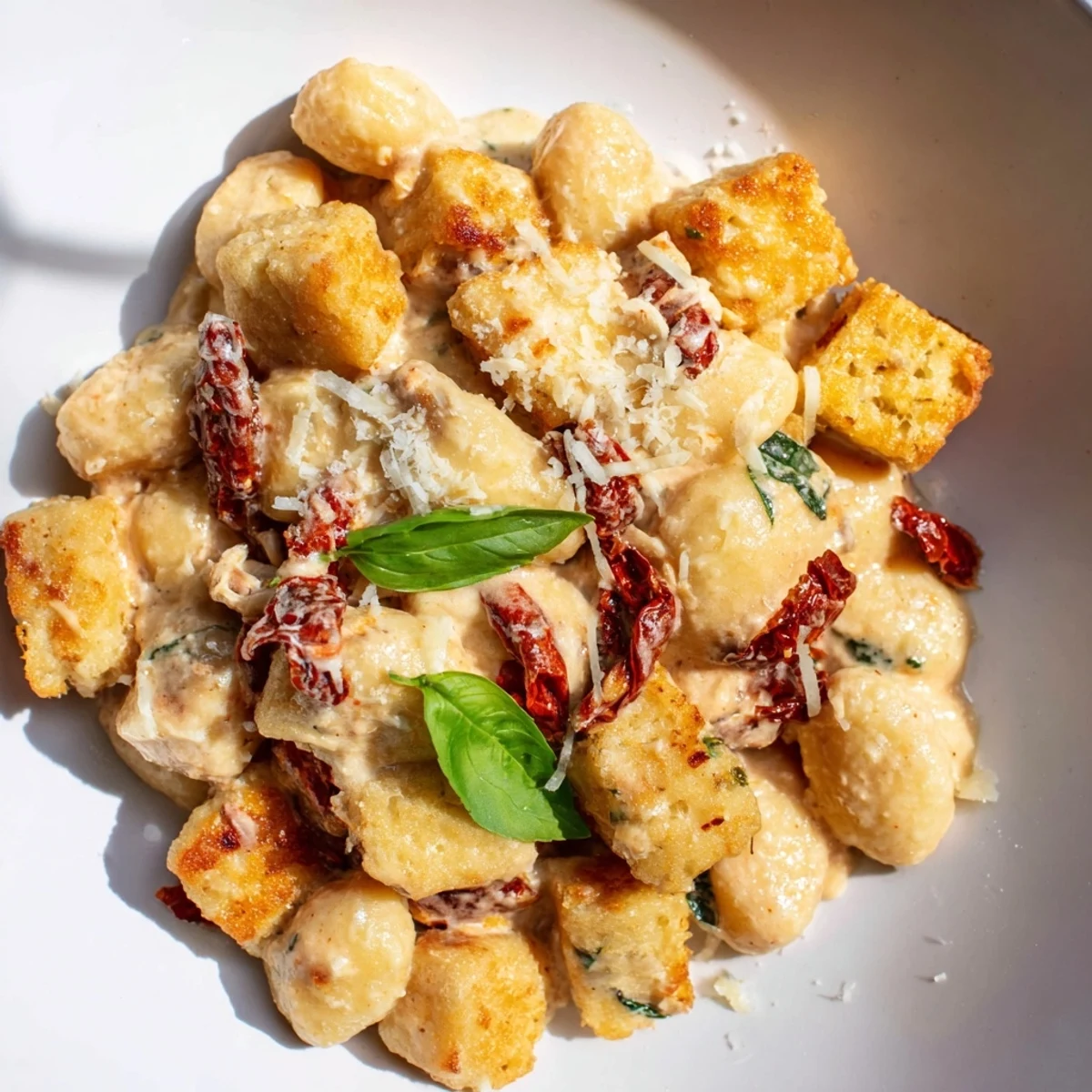 Crispy Marry Me tofu dish featuring golden brown tofu pieces tossed with tender gnocchi in a luscious red cream sauce