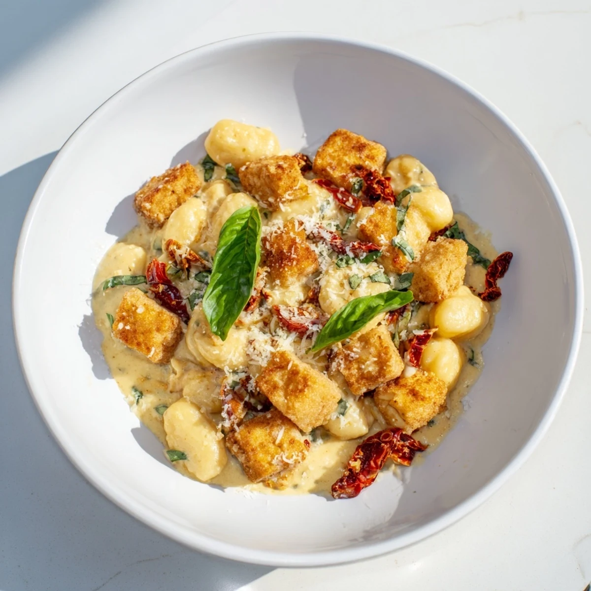 Plant-based Marry Me crispy tofu with gnocchi plated in a velvety sun-dried tomato cream sauce with fresh basil garnish