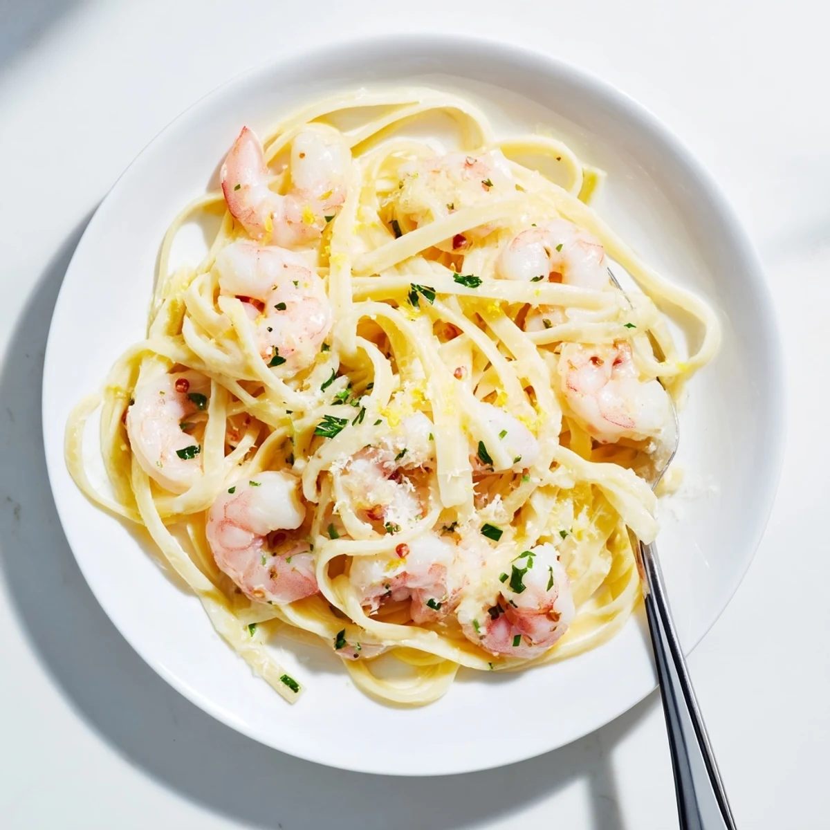 Golden shrimp scampi garlic cream pasta plated with fresh parsley and lemon wedges