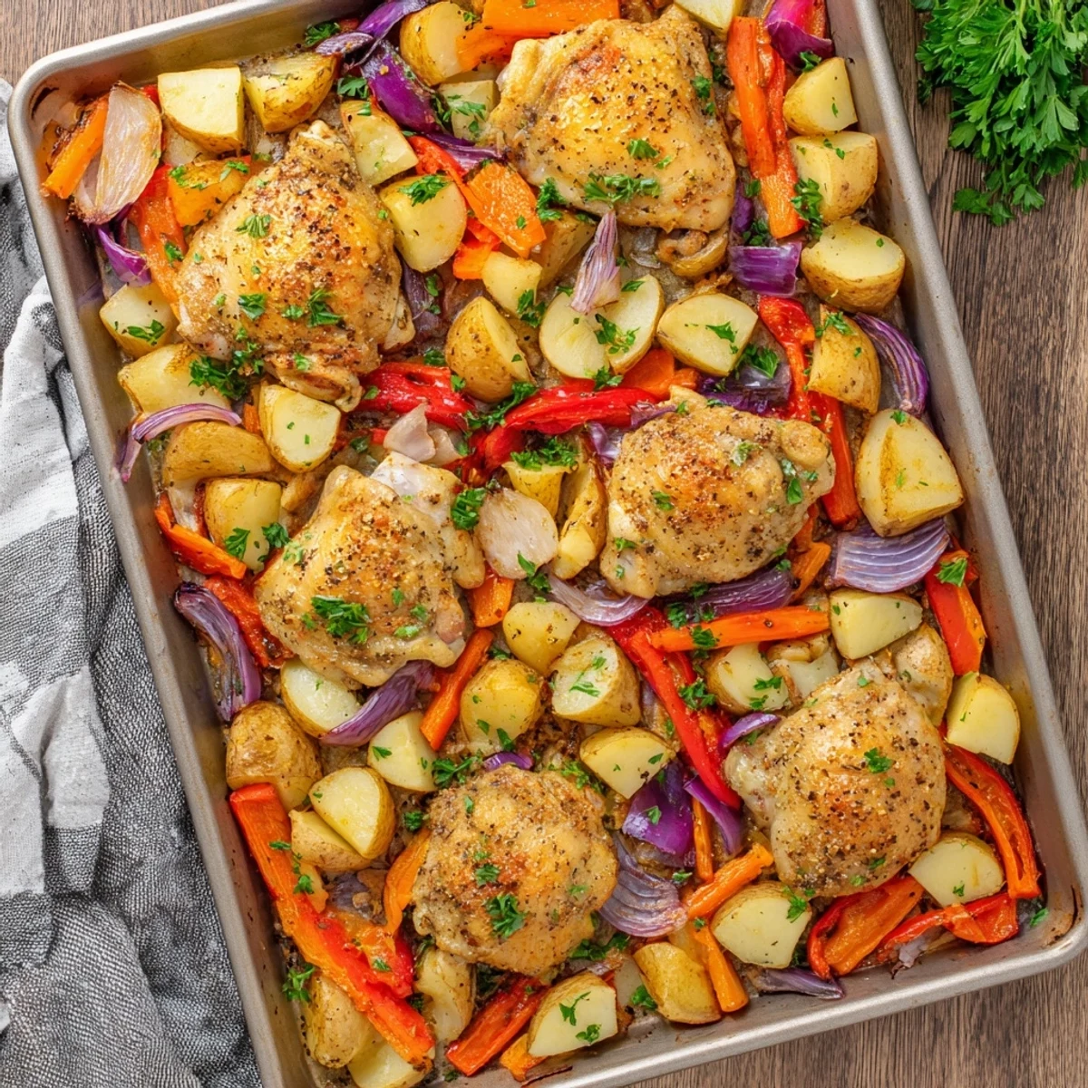 Golden crispy one pan chicken bake roasted with colorful vegetables and herbs on a baking sheet