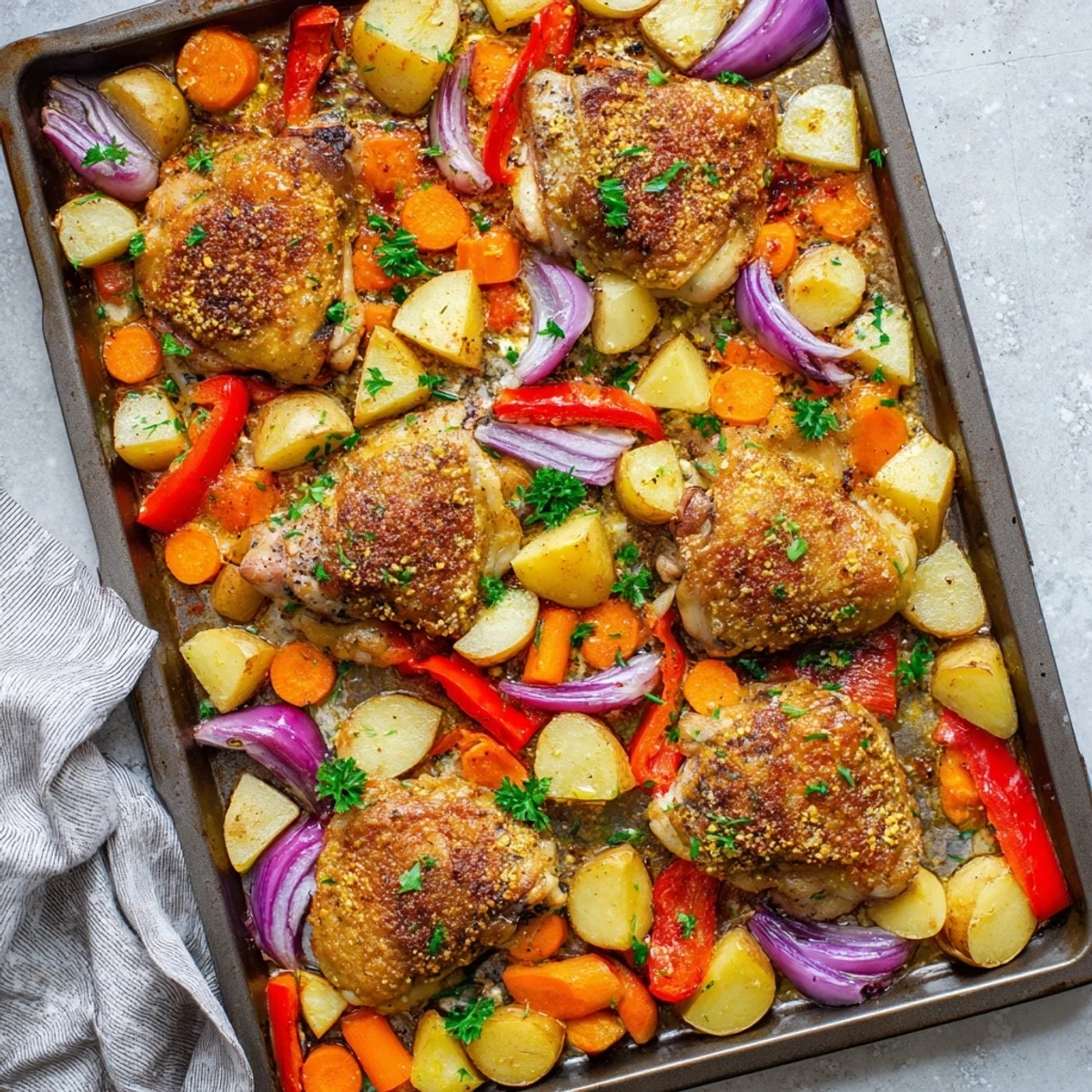 Tender chicken thighs nestled among roasted potatoes and carrots in this easy one pan chicken bake