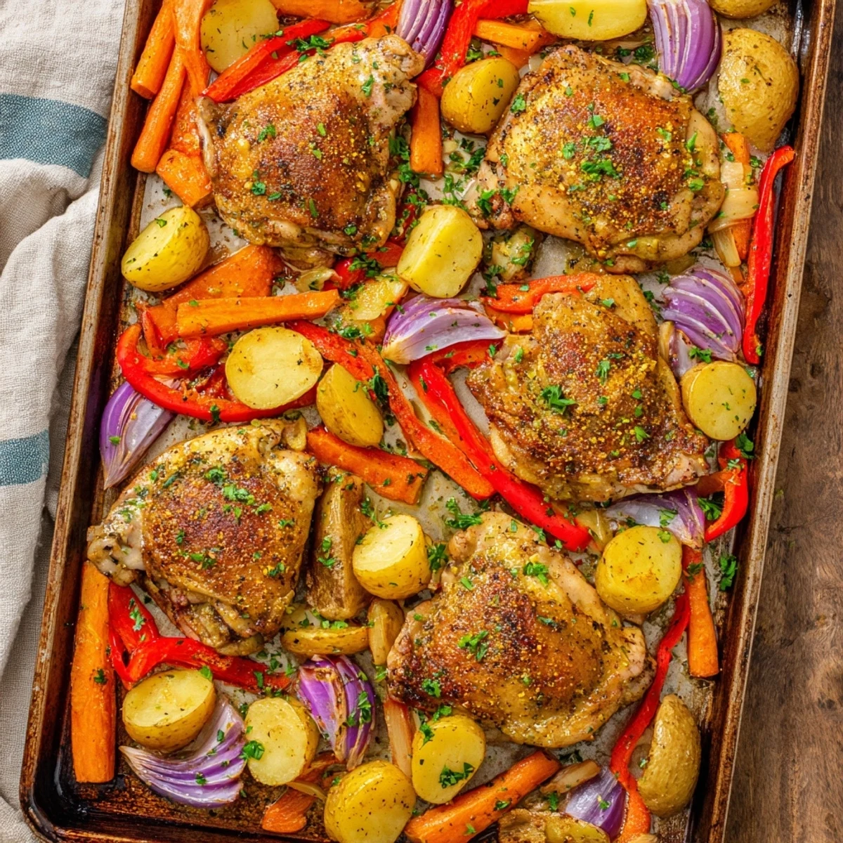Savory one pan chicken bake featuring juicy chicken with caramelized vegetables and crispy golden skin