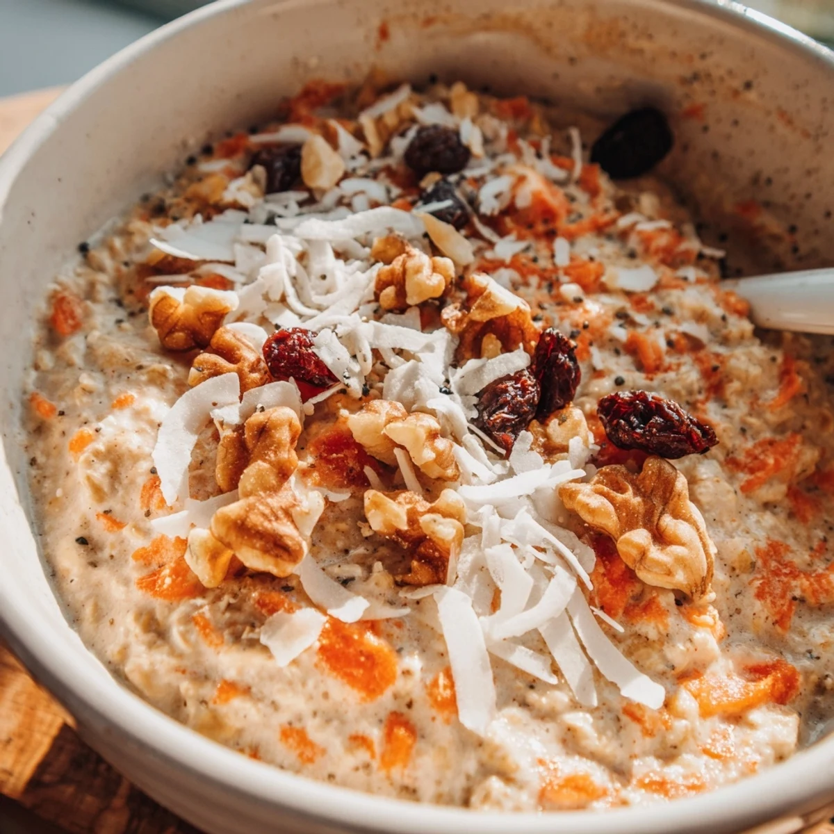 Dessert-inspired overnight oats featuring fluffy grated carrots warm cinnamon spices and crunchy pecan toppings