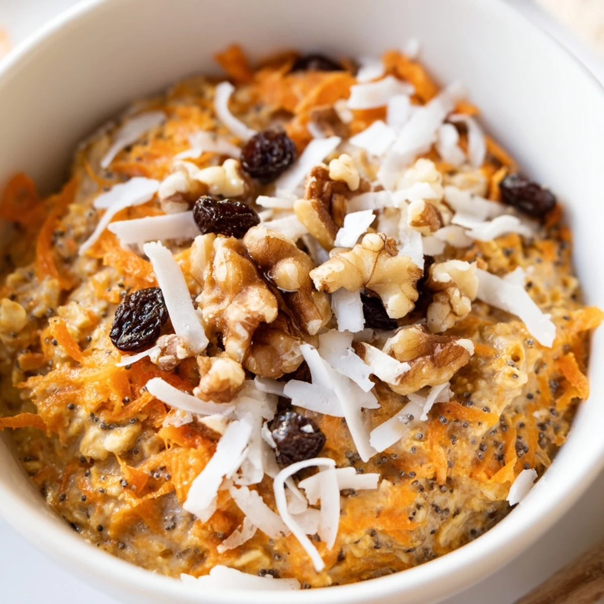Wholesome breakfast bowl with spiced grated carrots and creamy yogurt-soaked oats chilled overnight
