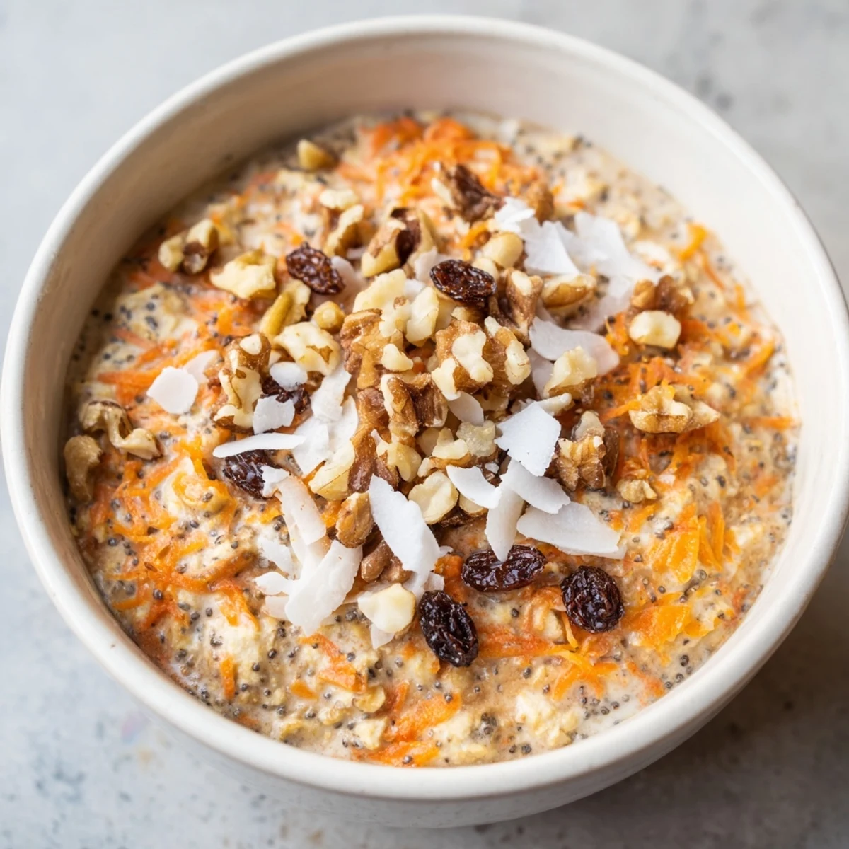Creamy carrot cake overnight oats topped with walnuts raisins and coconut in a glass jar