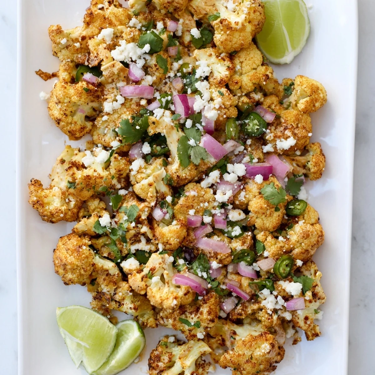 Golden roasted cauliflower florets coated in creamy lime mayonnaise and topped with crumbled cotija cheese and fresh cilantro
