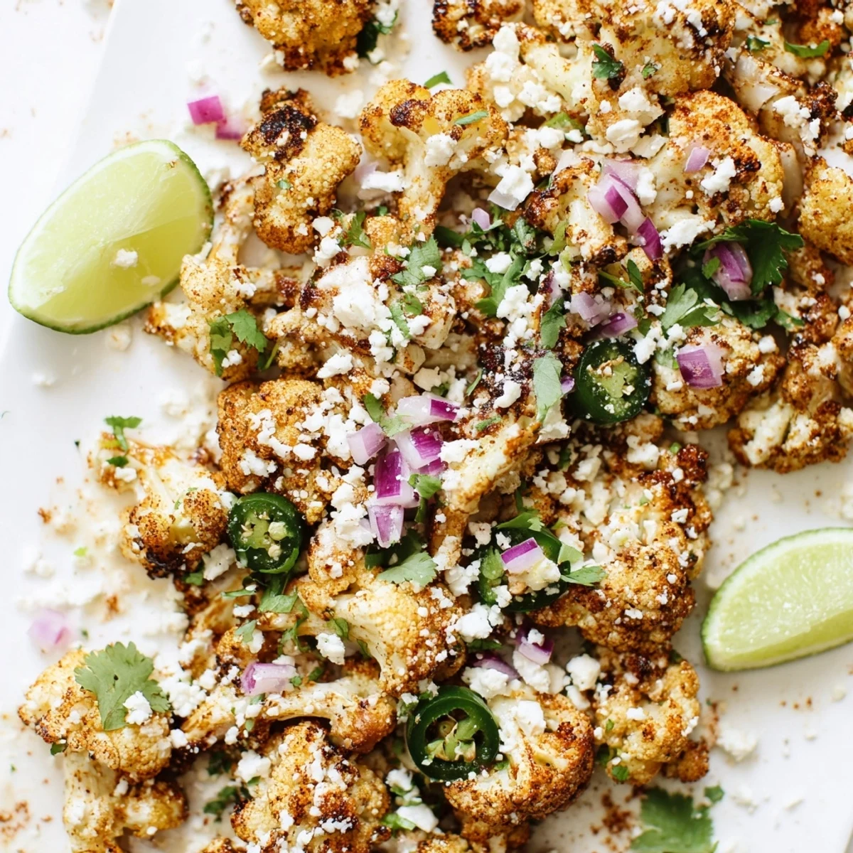 Colorful cauliflower elote street corn bowl featuring smoky spiced sauce, white cotija crumbles, and vibrant green cilantro garnish
