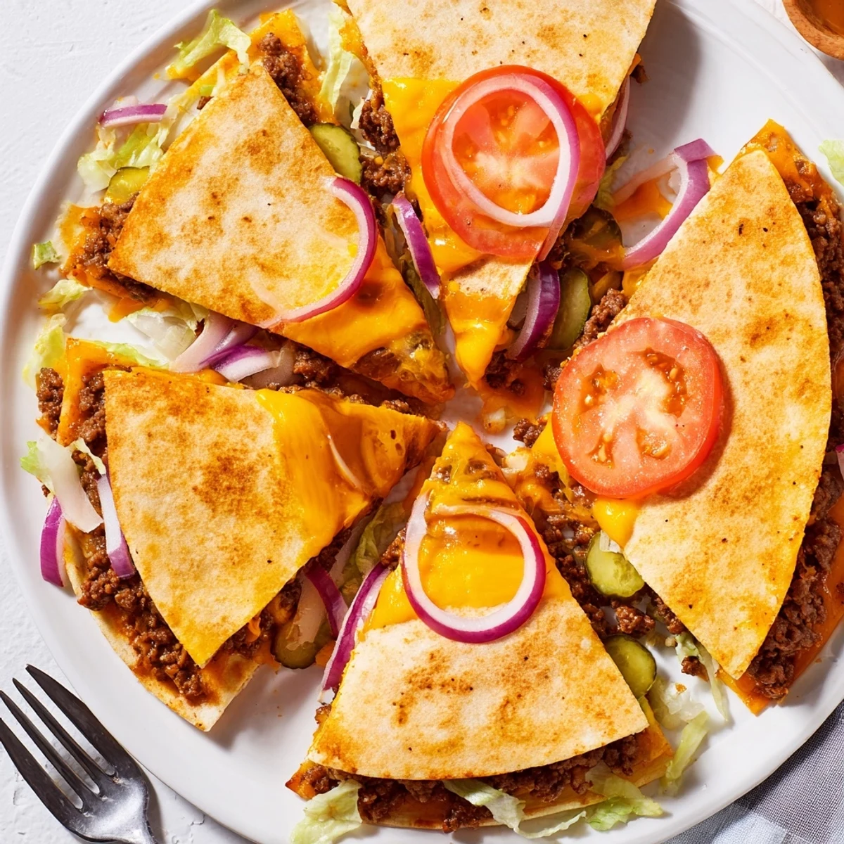 Golden brown smashburger quesadilla sliced into wedges revealing melted cheddar and seasoned beef