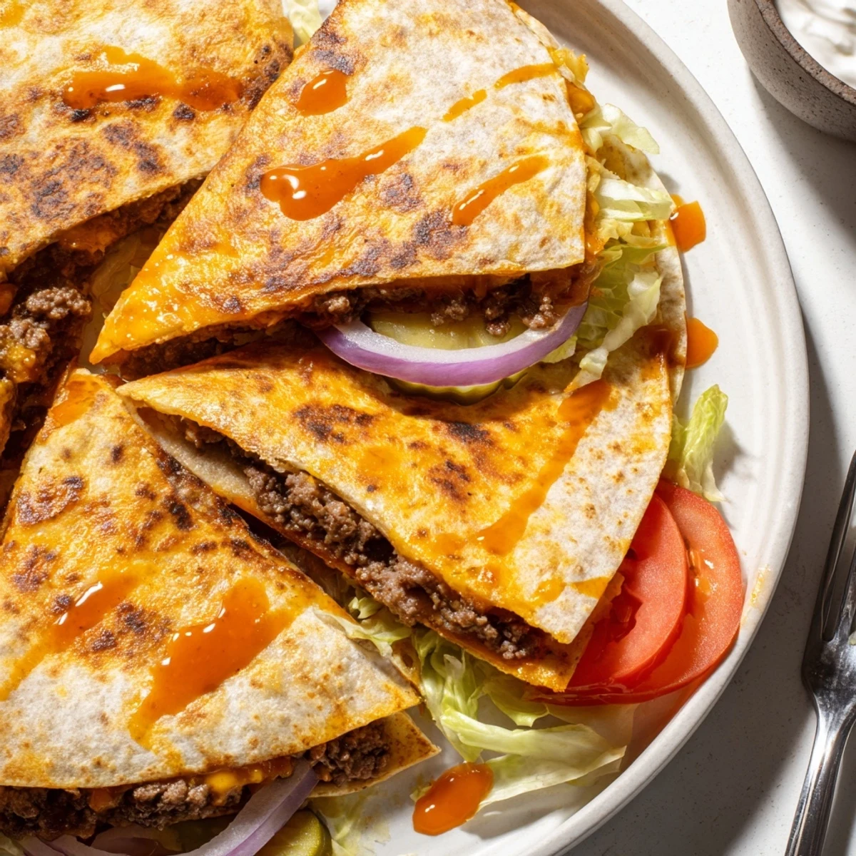 Half-moon quesadilla filled with burger fixings and melted cheddar on a wooden cutting board