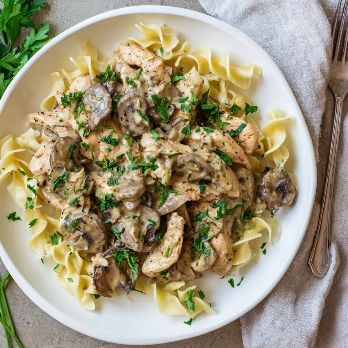 Comforting chicken stroganoff served over egg noodles and garnished with fresh green parsley