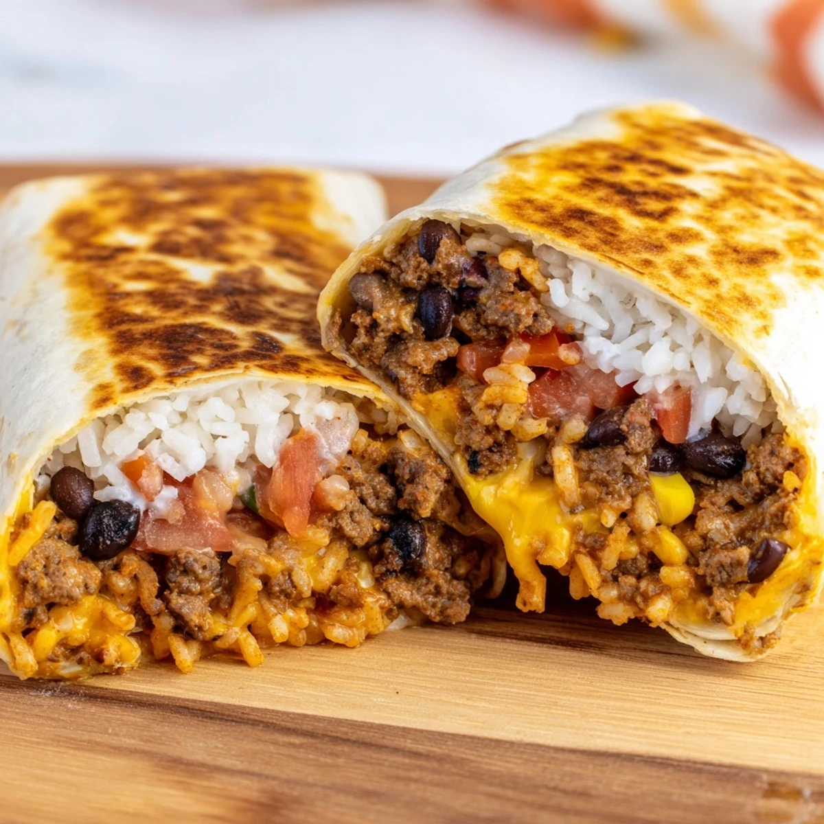 Crispy grilled cheese burrito filled with taco seasoned beef rice and melty Monterey Jack