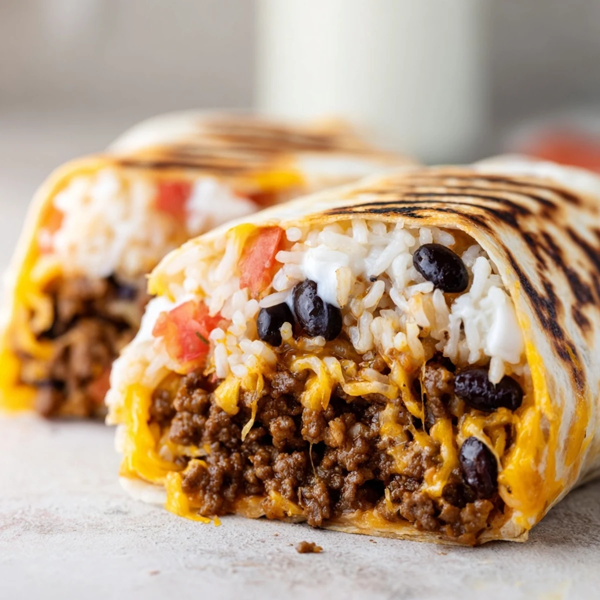 Golden grilled cheese burrito sliced open to reveal seasoned beef and melted cheddar cheese