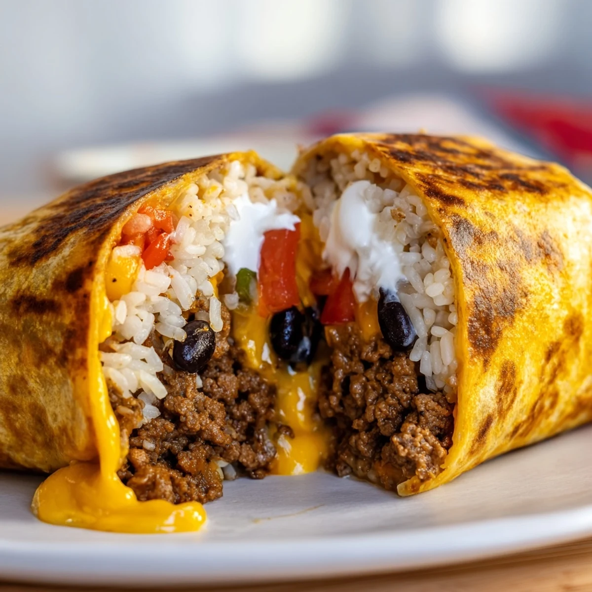 Whole grilled cheese burrito on a plate with black beans salsa and sour cream visible