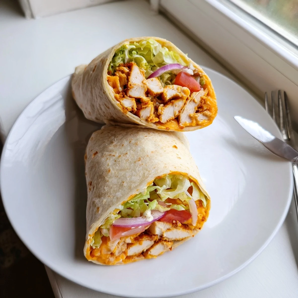 Warm flour tortilla packed with seasoned chicken, zesty garlic sauce, and shredded lettuce