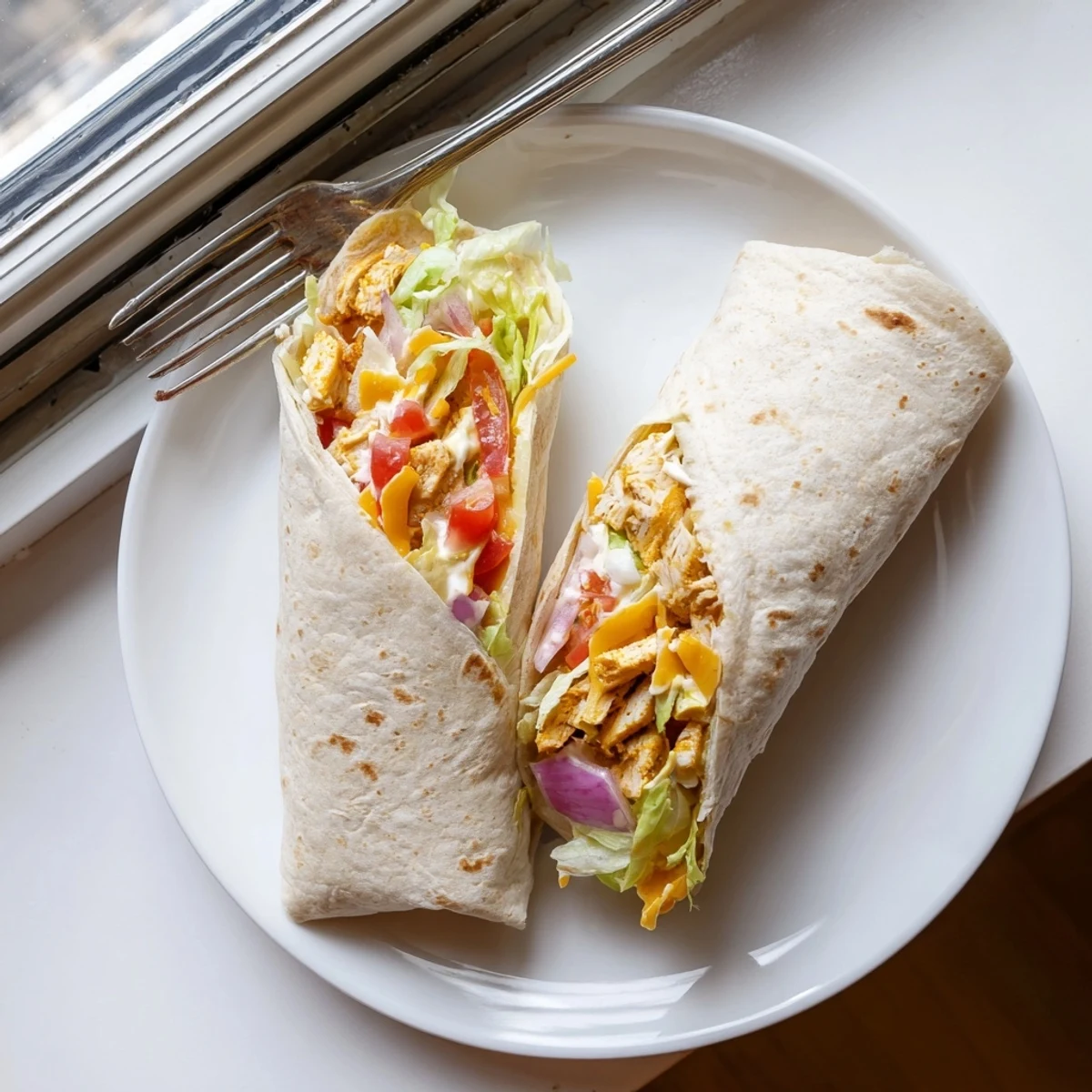 Sliced cheesy garlic chicken wraps revealing layers of mozzarella, cheddar, and crisp toppings